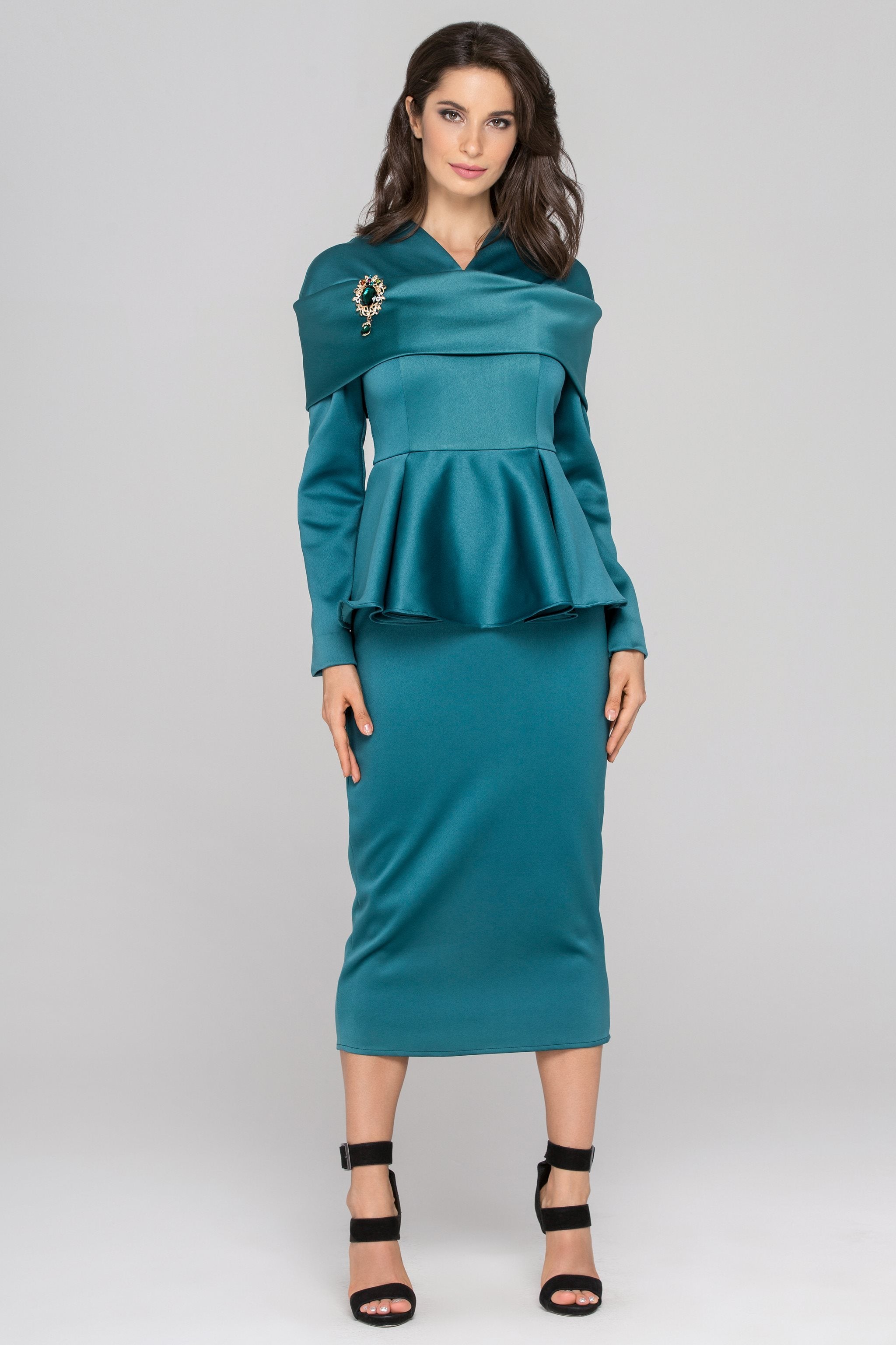 Blue Green Sleeved Satin Peplum Midi Dress Blue Green Sleeved Satin Peplum Midi Dress