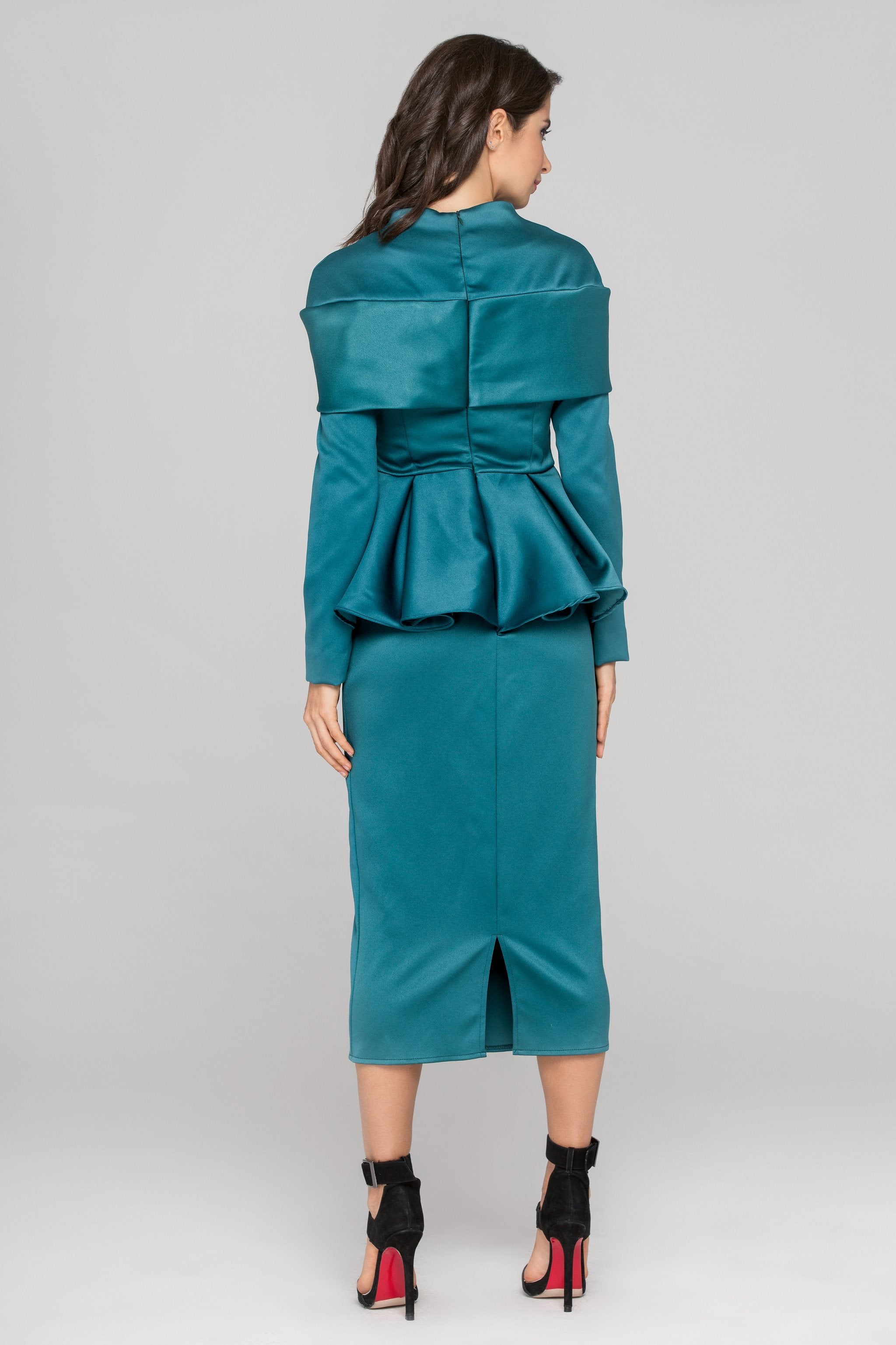Blue Green Sleeved Satin Peplum Midi Dress Blue Green Sleeved Satin Peplum Midi Dress