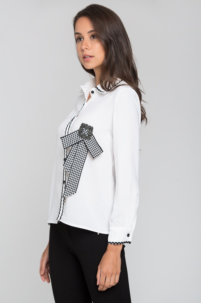 White Check Jewel Bow Long Sleeves Shirt White Check Jewel Bow Long Sleeves Shirt