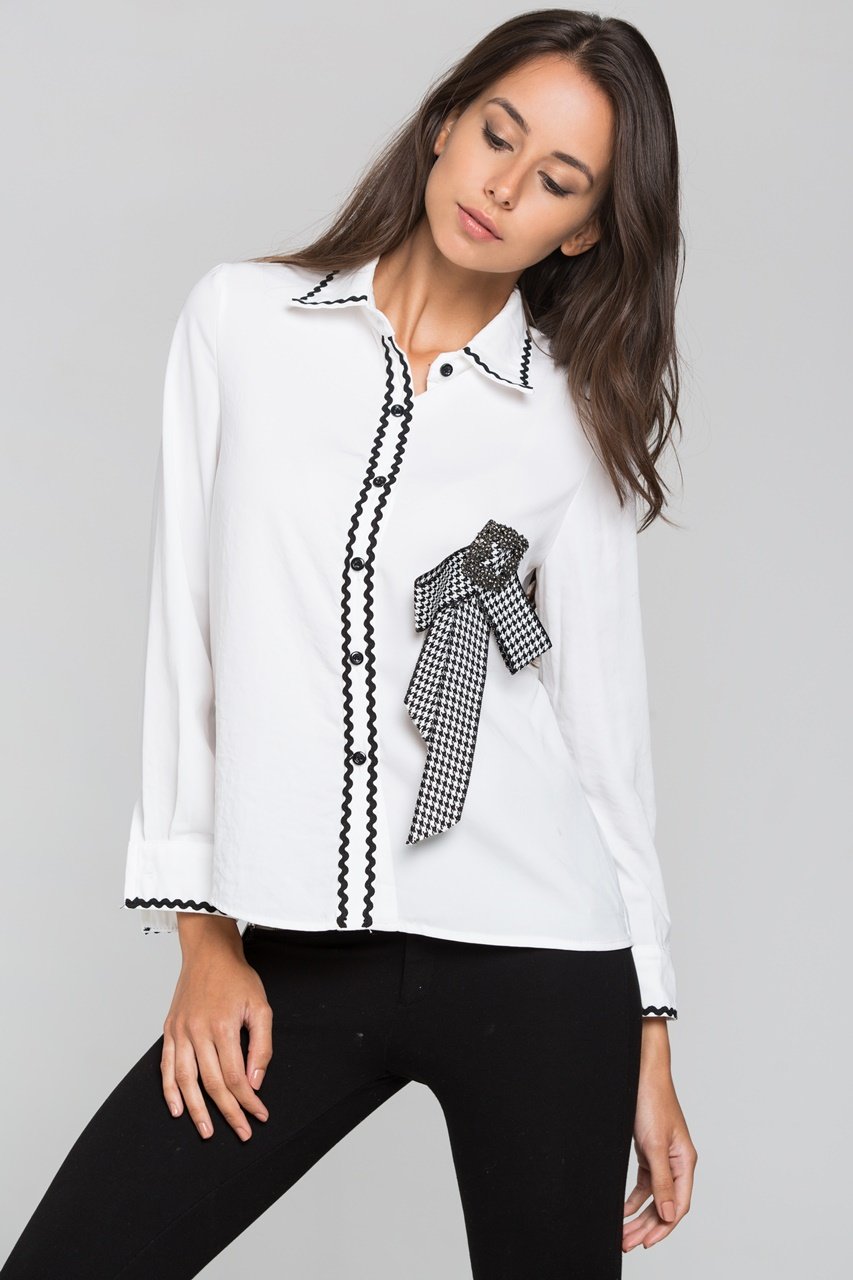 White Check Jewel Bow Long Sleeves Shirt White Check Jewel Bow Long Sleeves Shirt