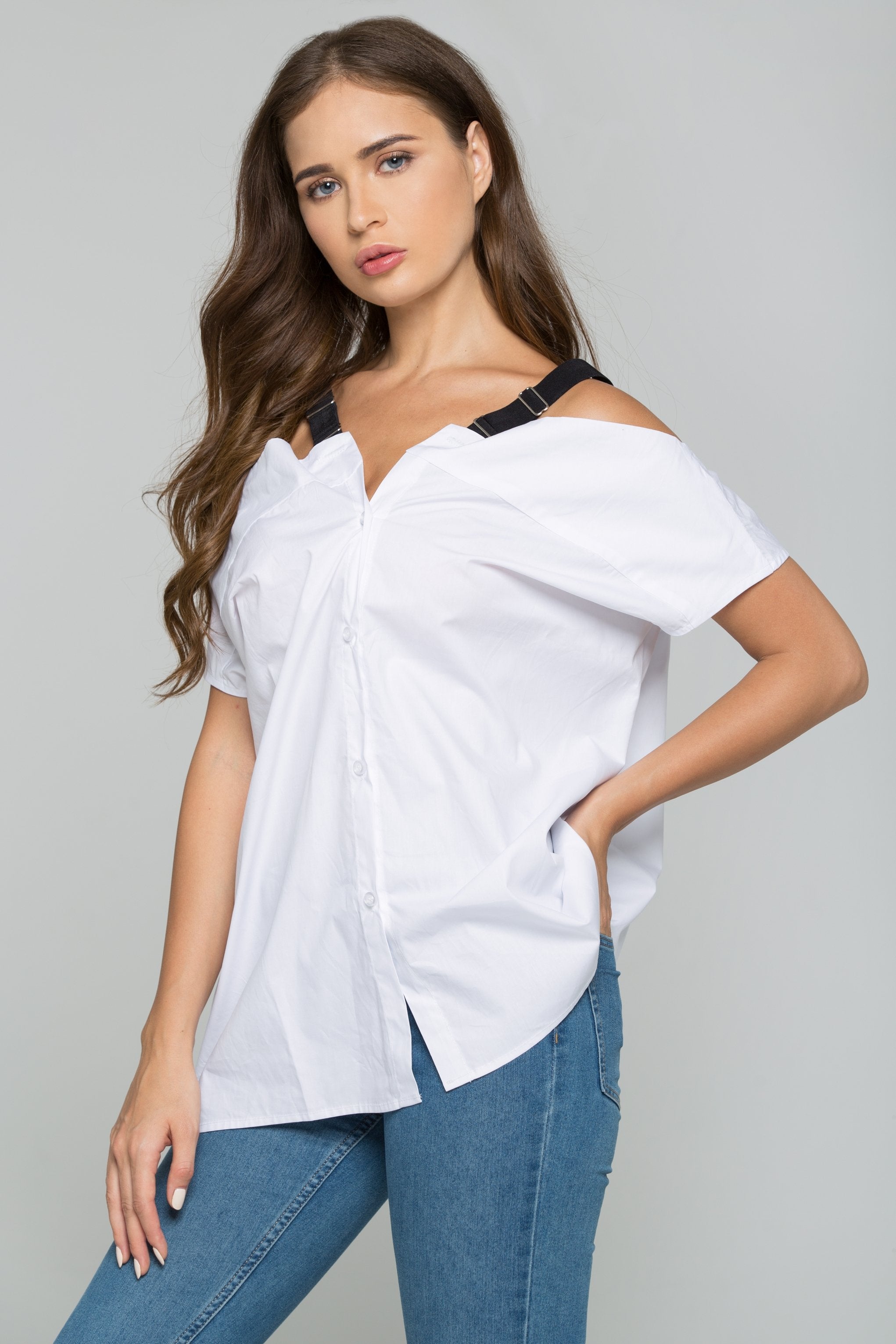 White Cold-Shoulder Belt Strap Button-down Shirt White Cold-Shoulder Belt Strap Button-down Shirt