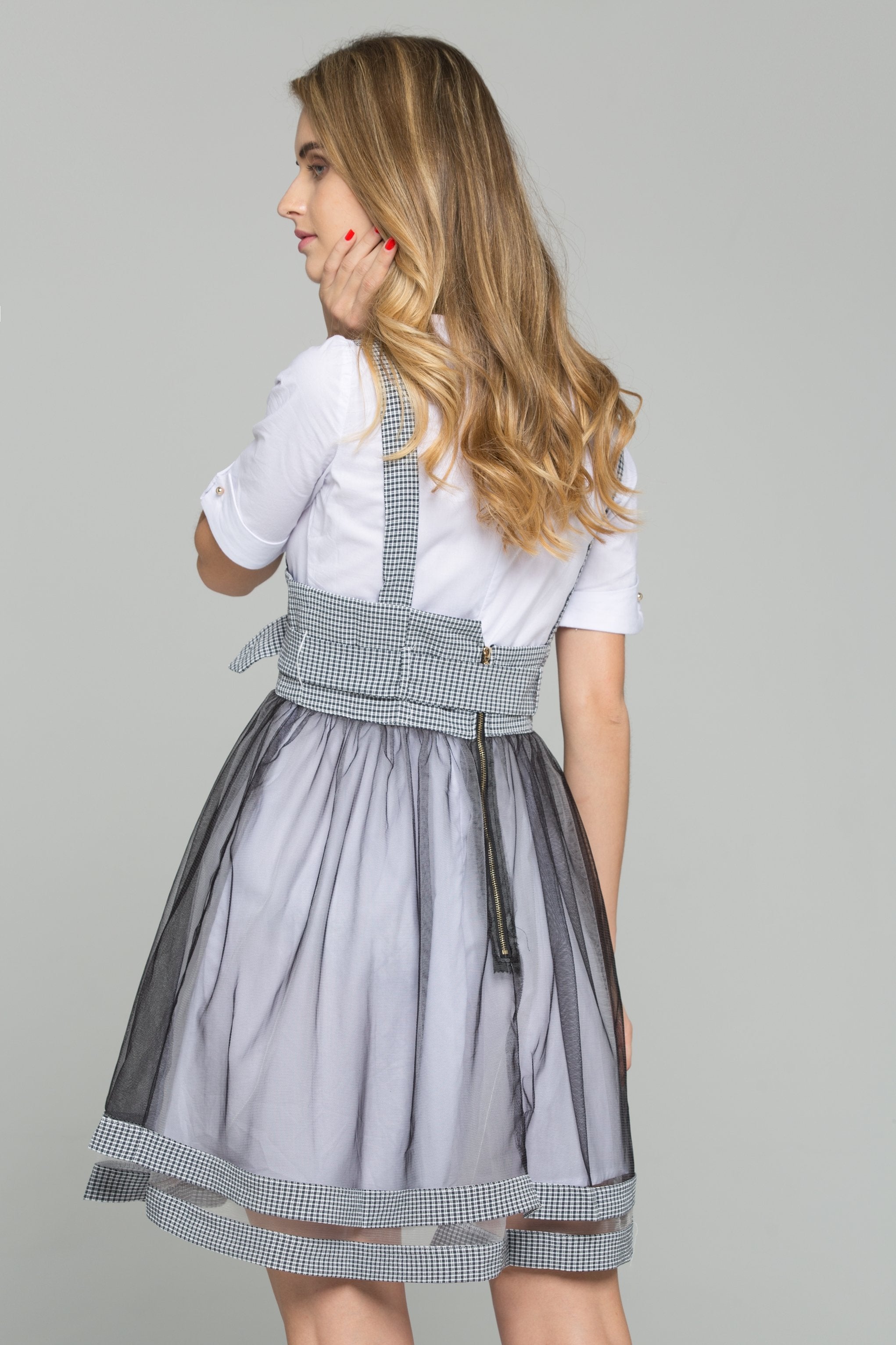 White Cotton Gauntlet Sleeve Shirt and Black Chiffon Gingham Pinafore Belted Skirt Set White Cotton Gauntlet Sleeve Shirt and Black Chiffon Gingham Pinafore Belted Skirt Set