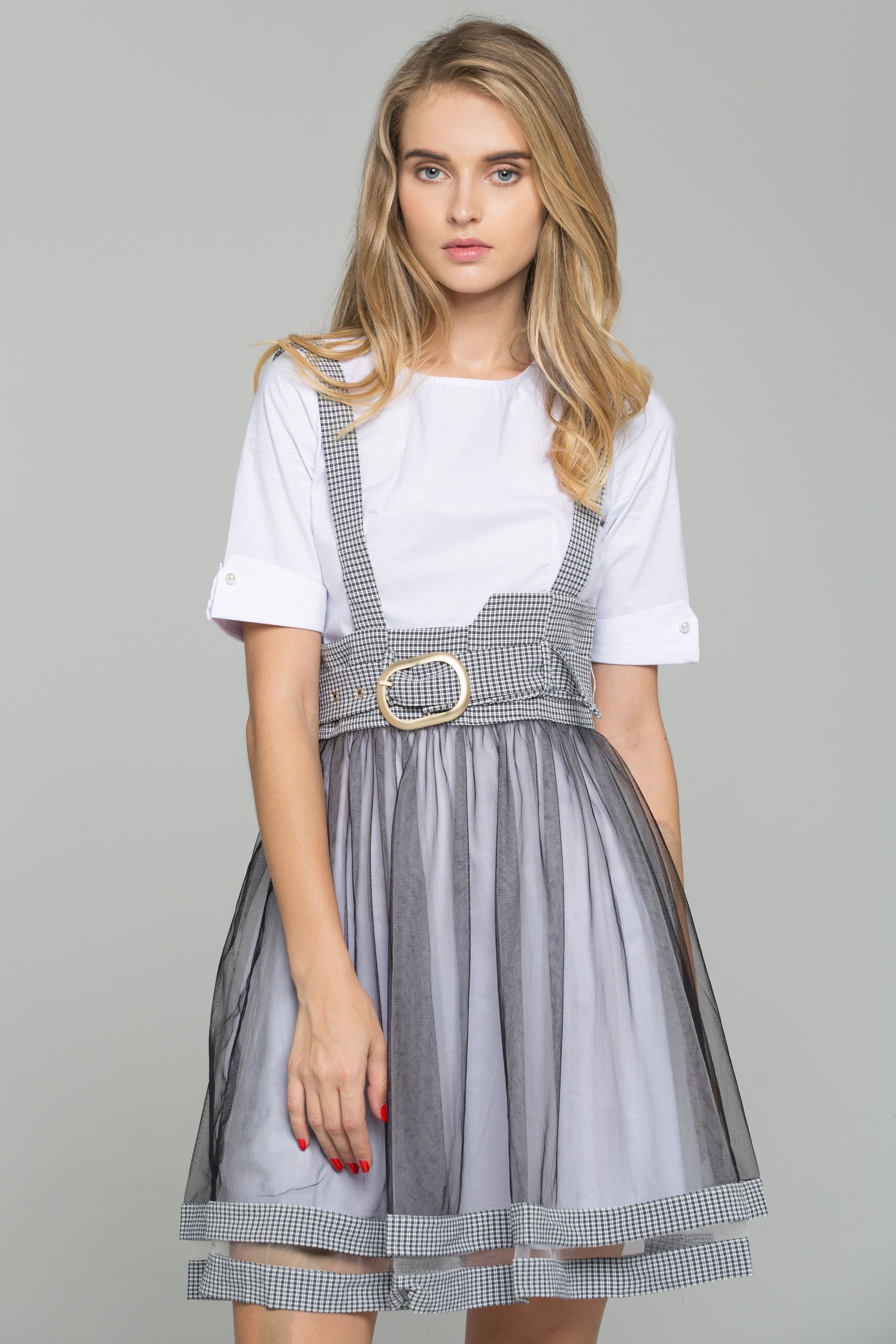 White Cotton Gauntlet Sleeve Shirt and Black Chiffon Gingham Pinafore Belted Skirt Set White Cotton Gauntlet Sleeve Shirt and Black Chiffon Gingham Pinafore Belted Skirt Set