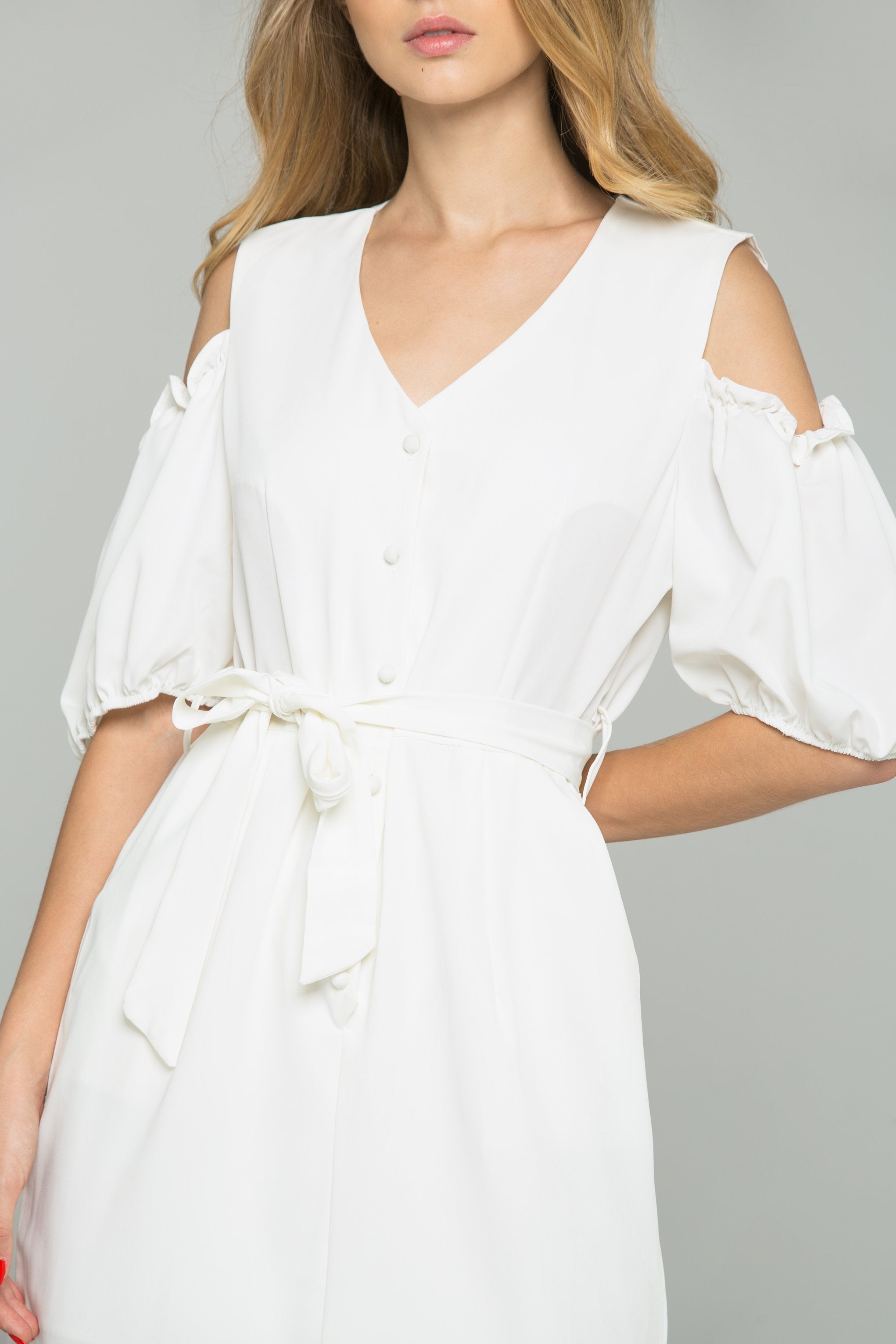 White Cotton V-Neck Cold Shoulder Cinched Midi Dress White Cotton V-Neck Cold Shoulder Cinched Midi Dress