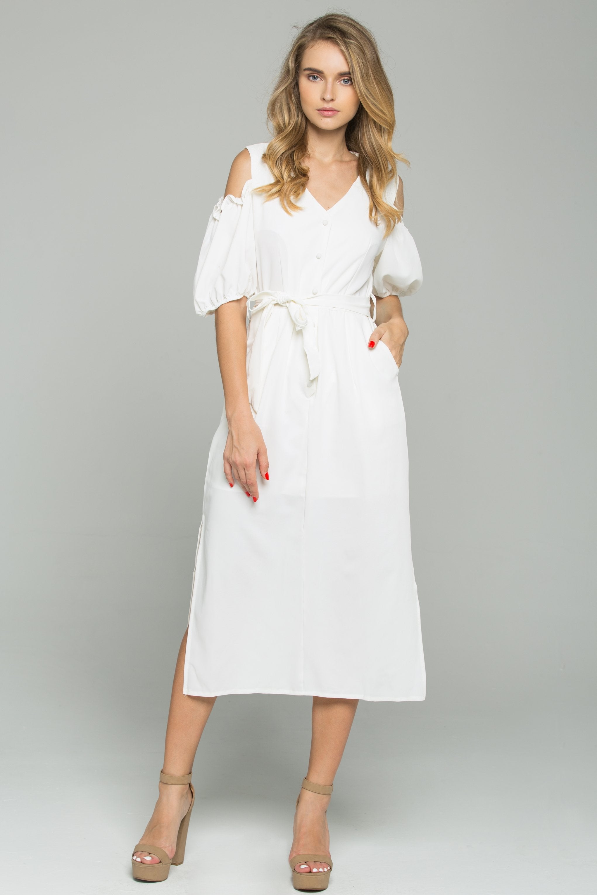 White Cotton V-Neck Cold Shoulder Cinched Midi Dress White Cotton V-Neck Cold Shoulder Cinched Midi Dress