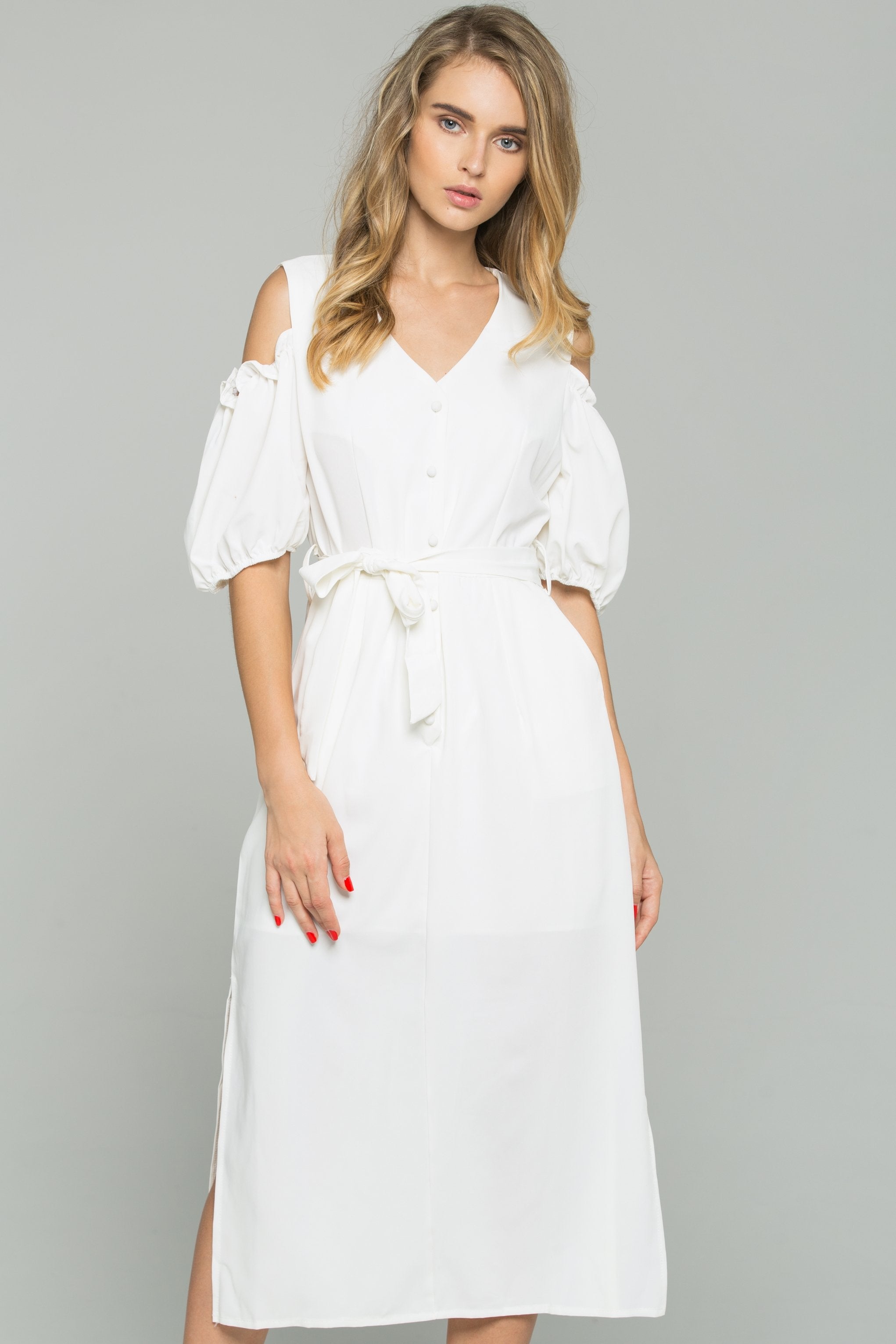 White Cotton V-Neck Cold Shoulder Cinched Midi Dress White Cotton V-Neck Cold Shoulder Cinched Midi Dress