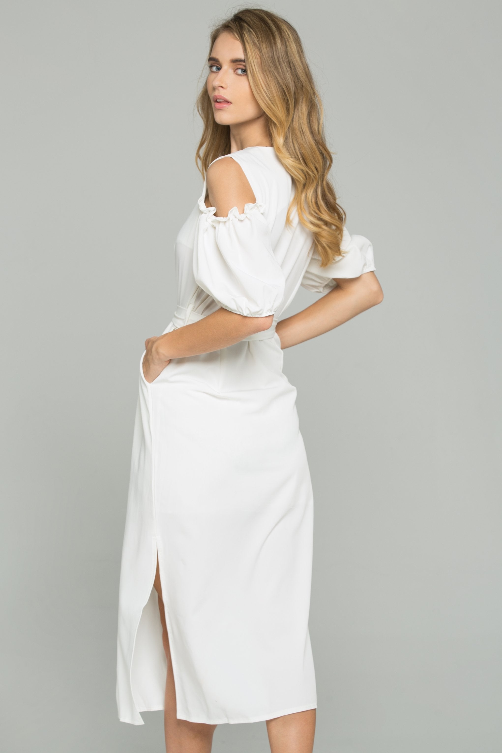 White Cotton V-Neck Cold Shoulder Cinched Midi Dress White Cotton V-Neck Cold Shoulder Cinched Midi Dress