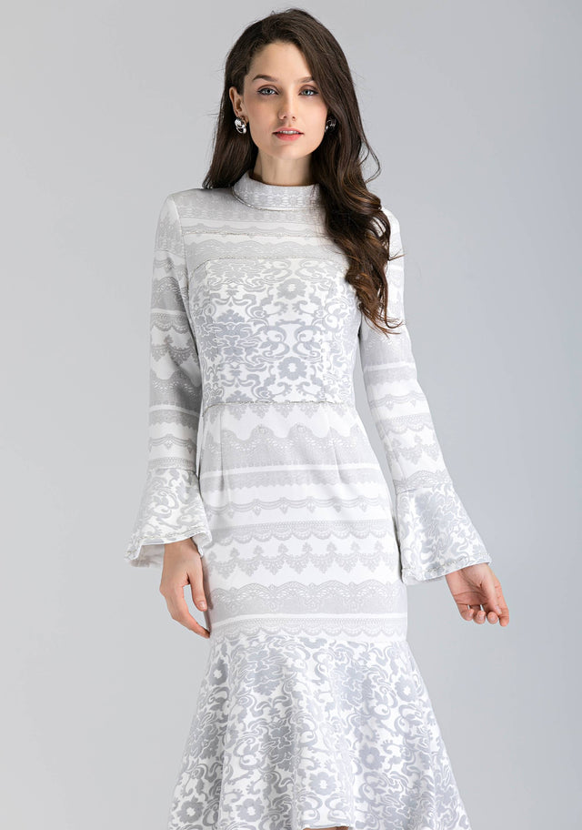 White Fleurdelis Trumpet Midi Dress