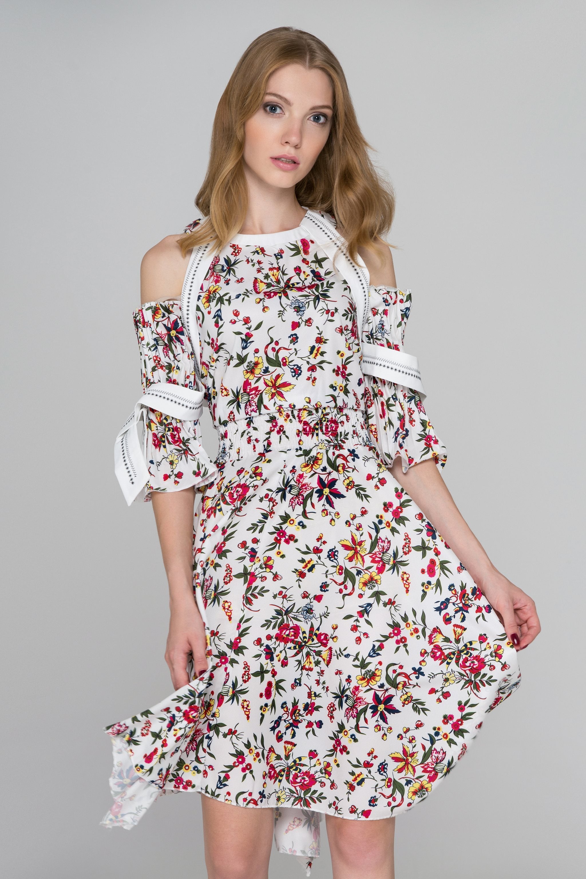 White Floral Print Pleated Sleeves Cold Shoulder Midi Dress White Floral Print Pleated Sleeves Cold Shoulder Midi Dress