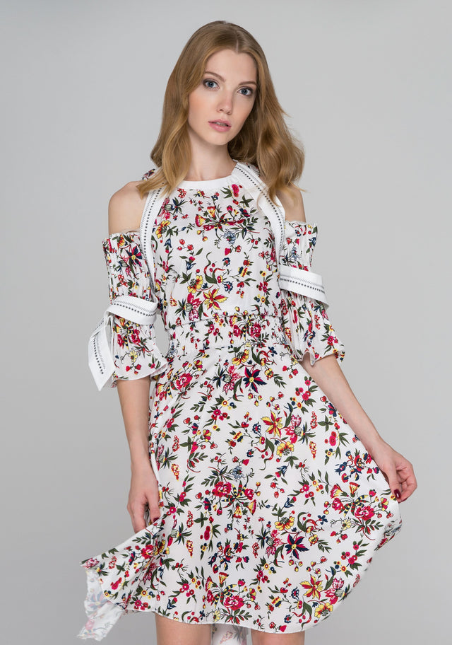 White Floral Print Pleated Sleeves Cold Shoulder Midi Dress