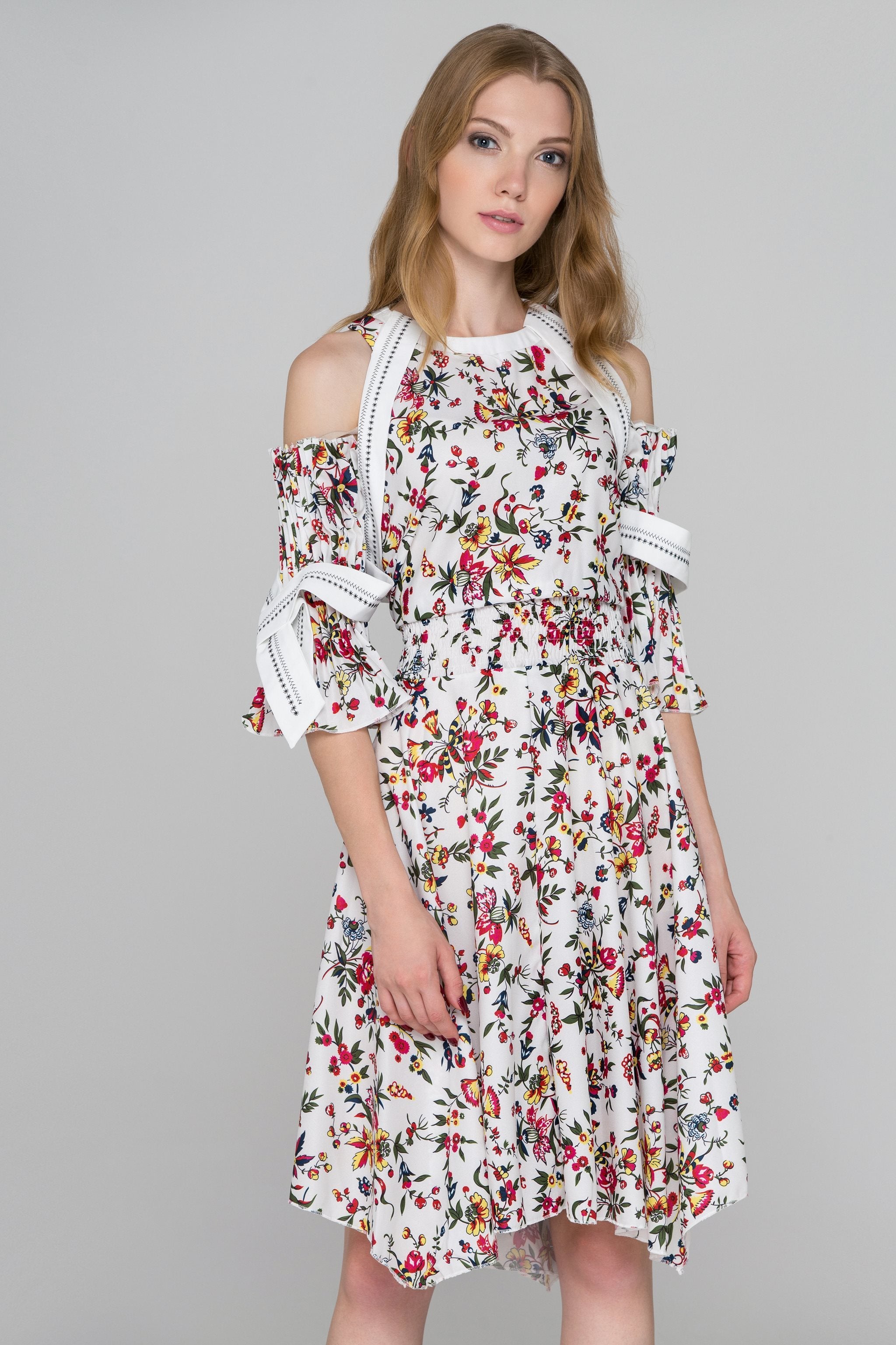 White Floral Print Pleated Sleeves Cold Shoulder Midi Dress White Floral Print Pleated Sleeves Cold Shoulder Midi Dress