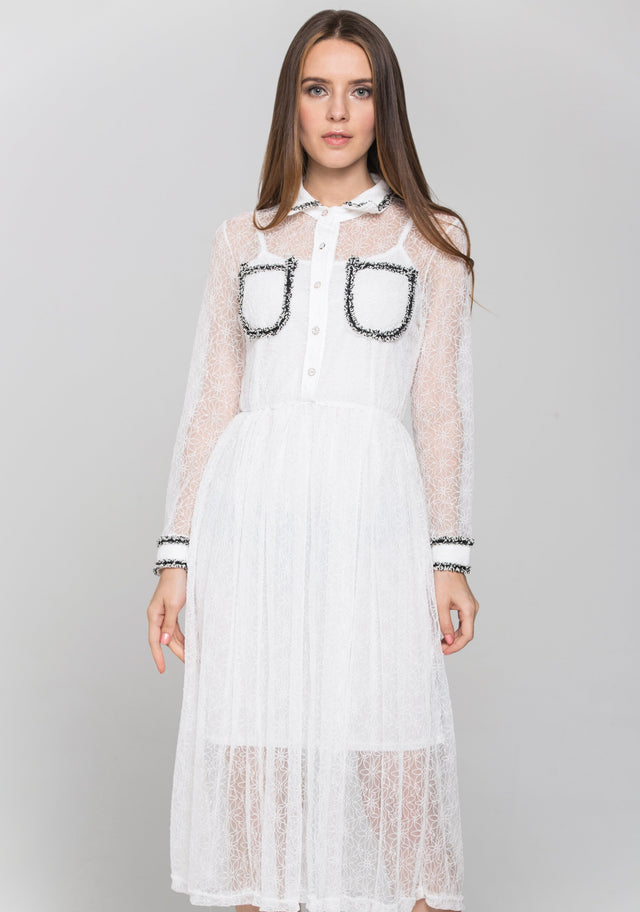 White Floral Sheer Sleeved Midi Dress
