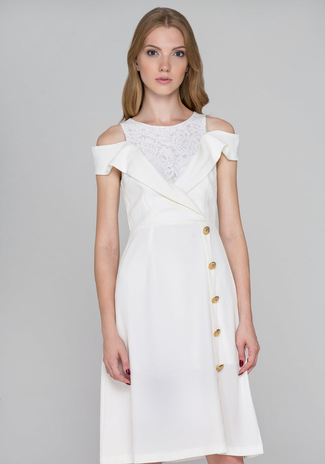 White Lapel Lace Cold Shoulder Midi Dress