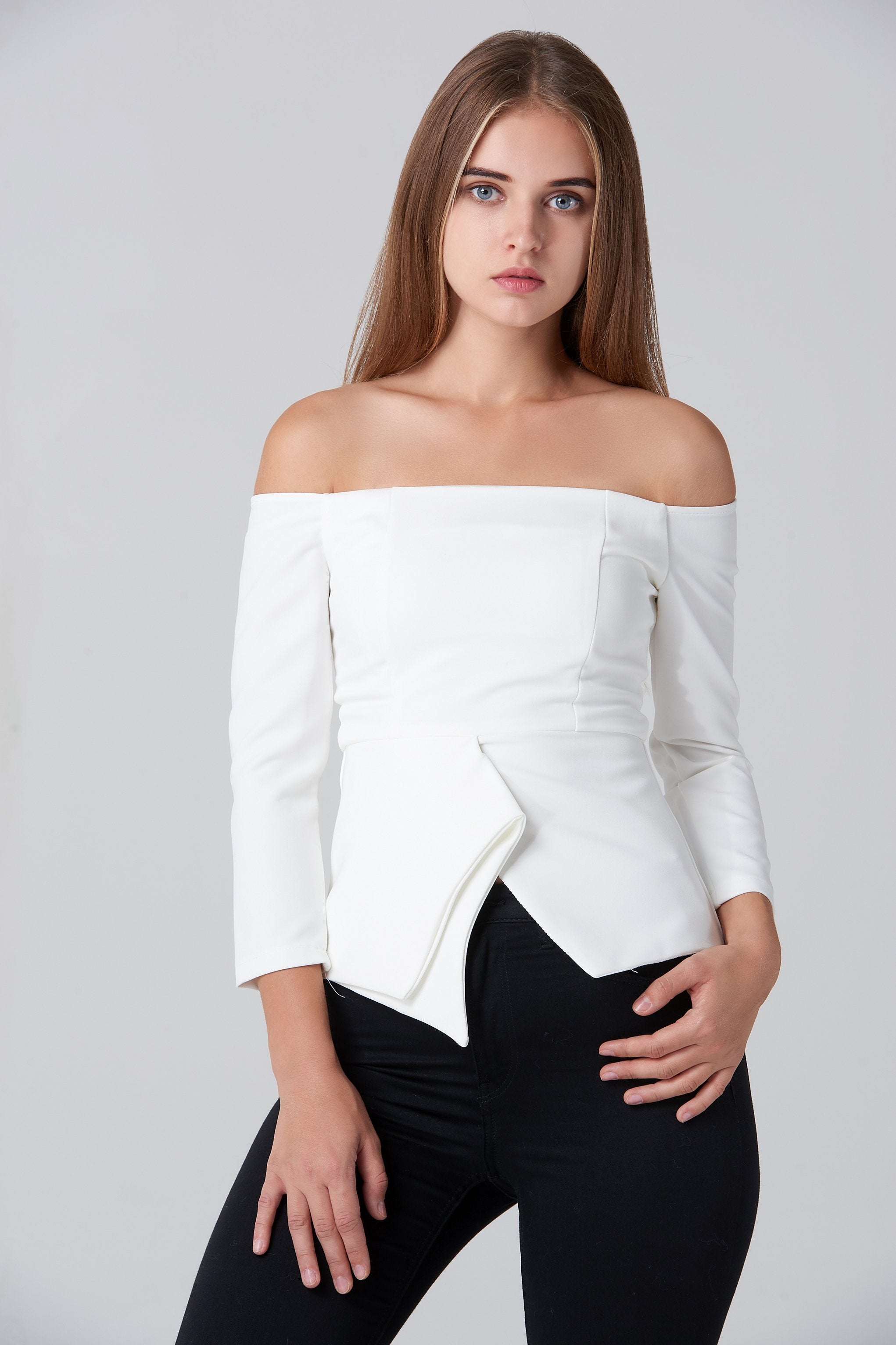 White Off Shoulder Flare Hem Top White Off Shoulder Flare Hem Top