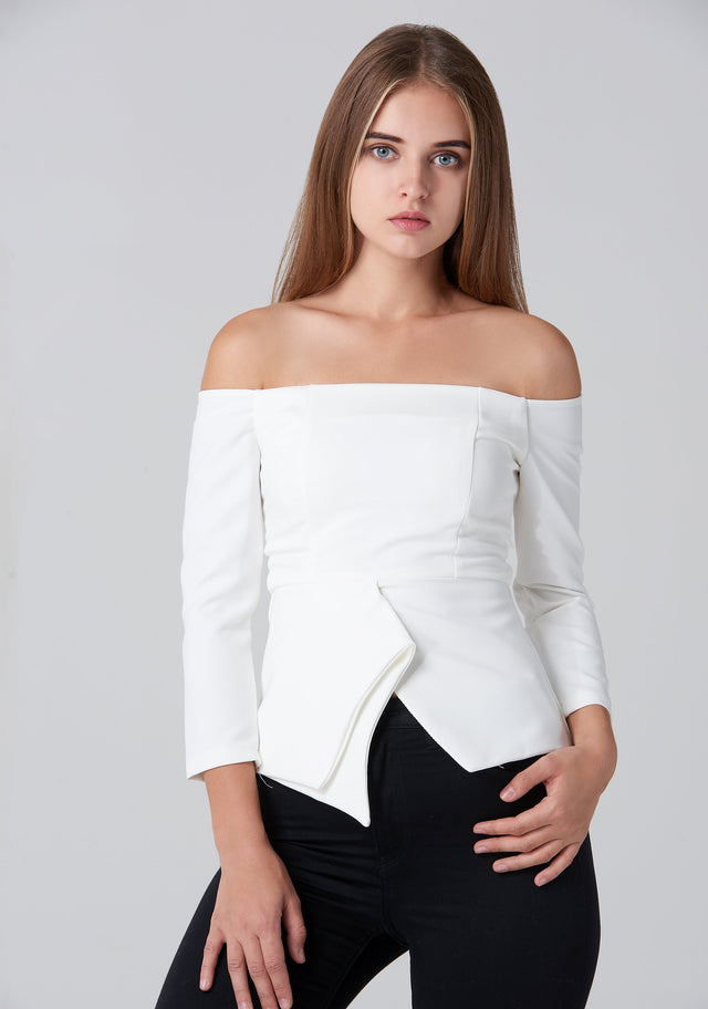 White Off Shoulder Flare Hem Top