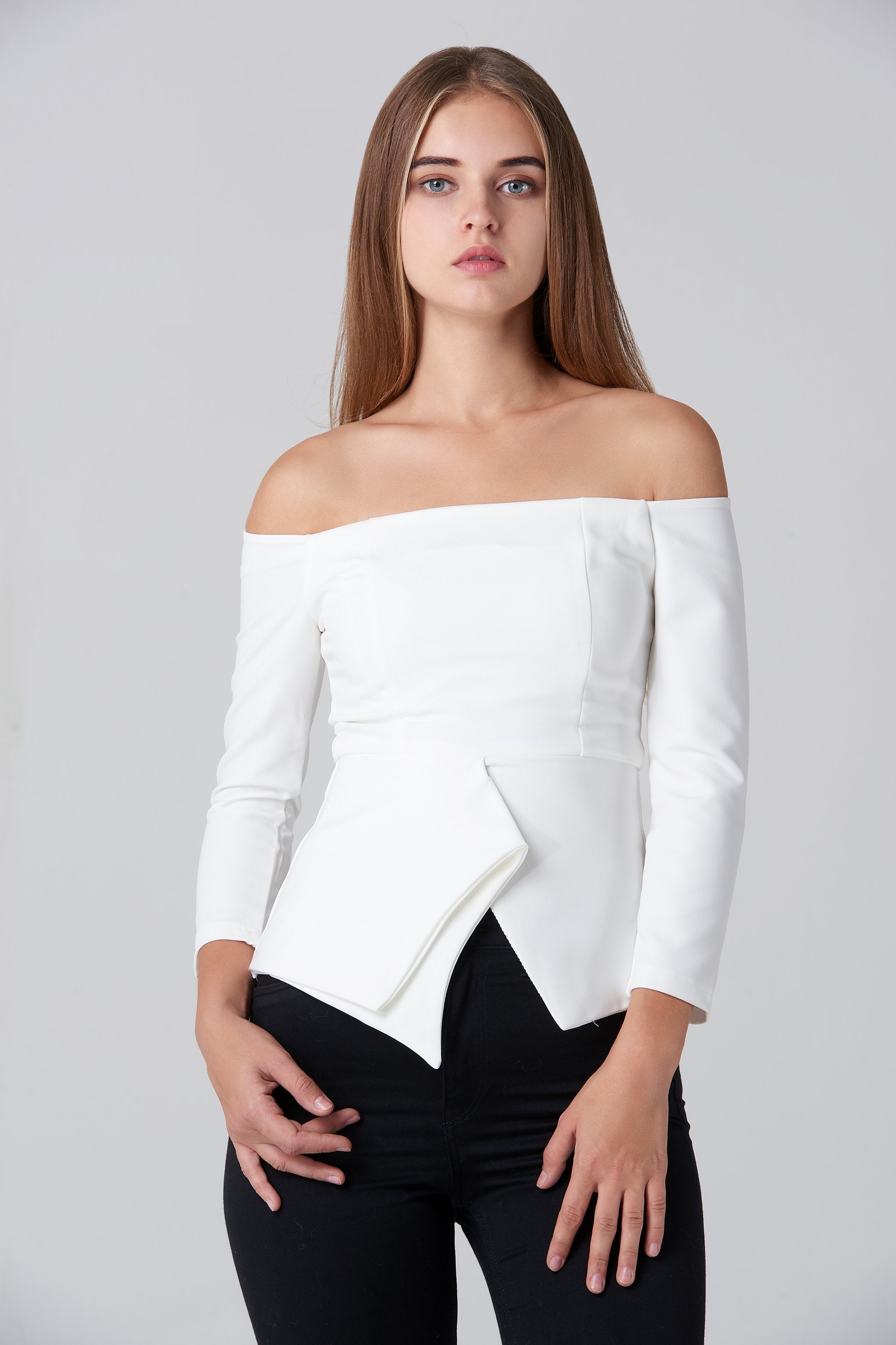 White Off Shoulder Flare Hem Top White Off Shoulder Flare Hem Top