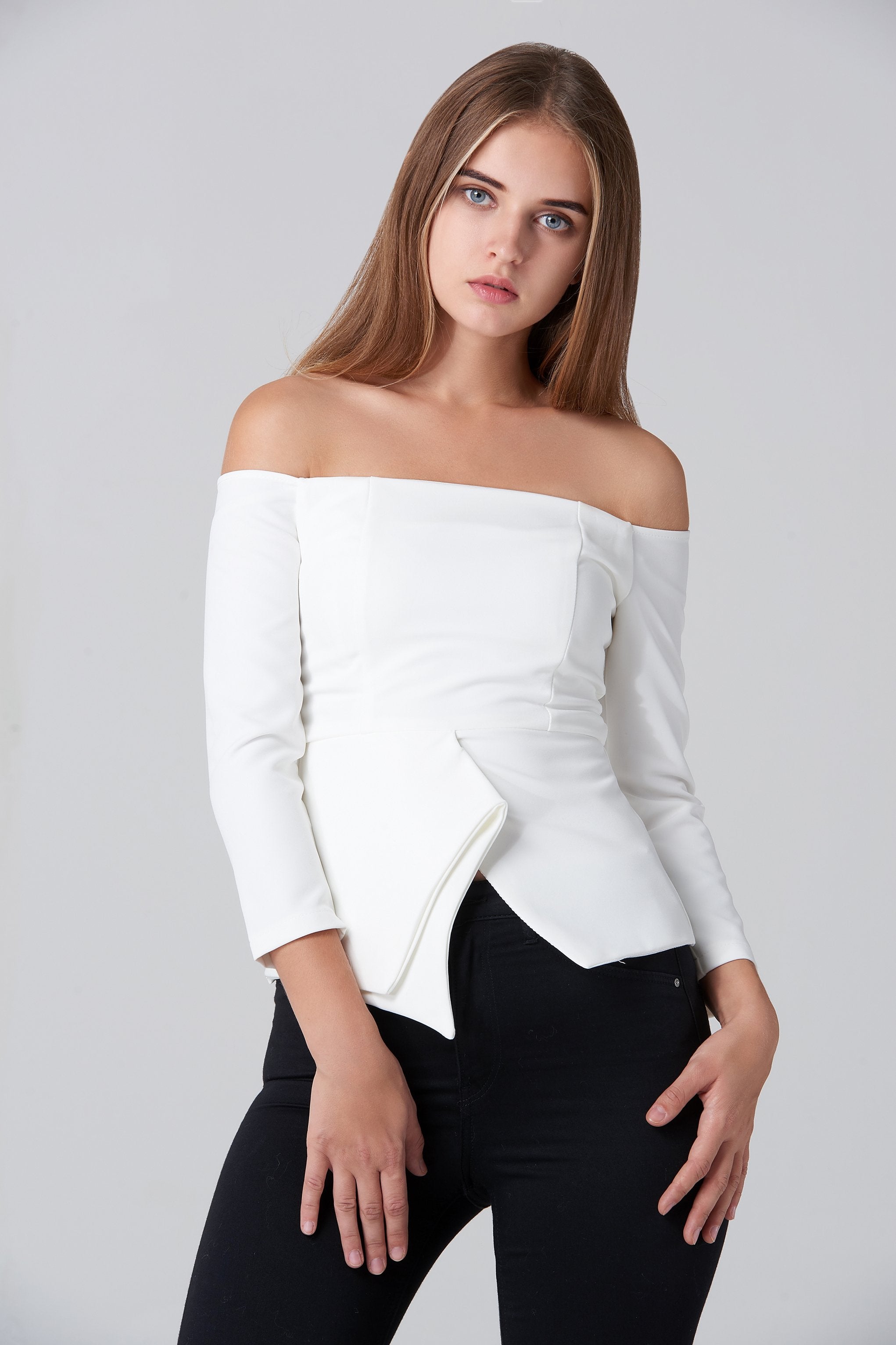 White Off Shoulder Flare Hem Top White Off Shoulder Flare Hem Top