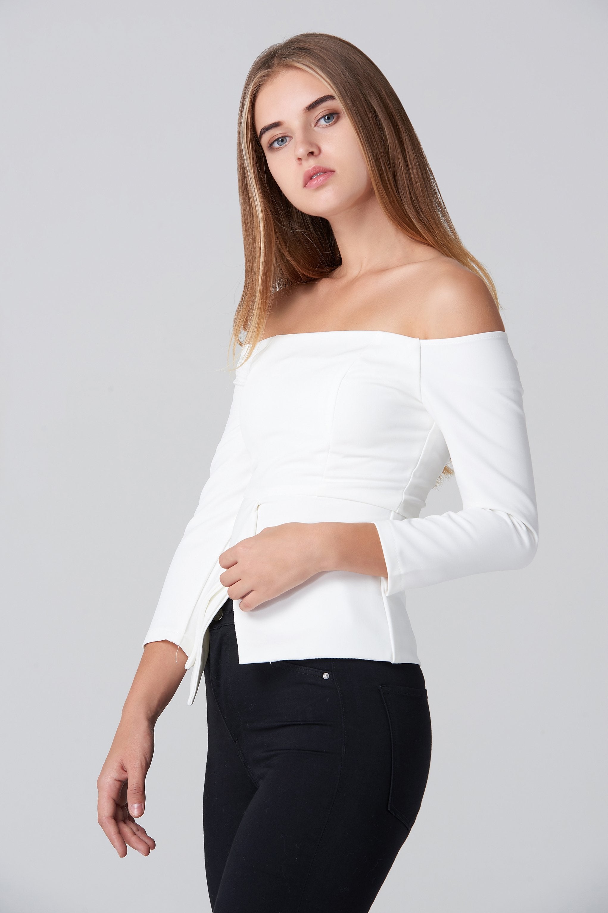 White Off Shoulder Flare Hem Top White Off Shoulder Flare Hem Top