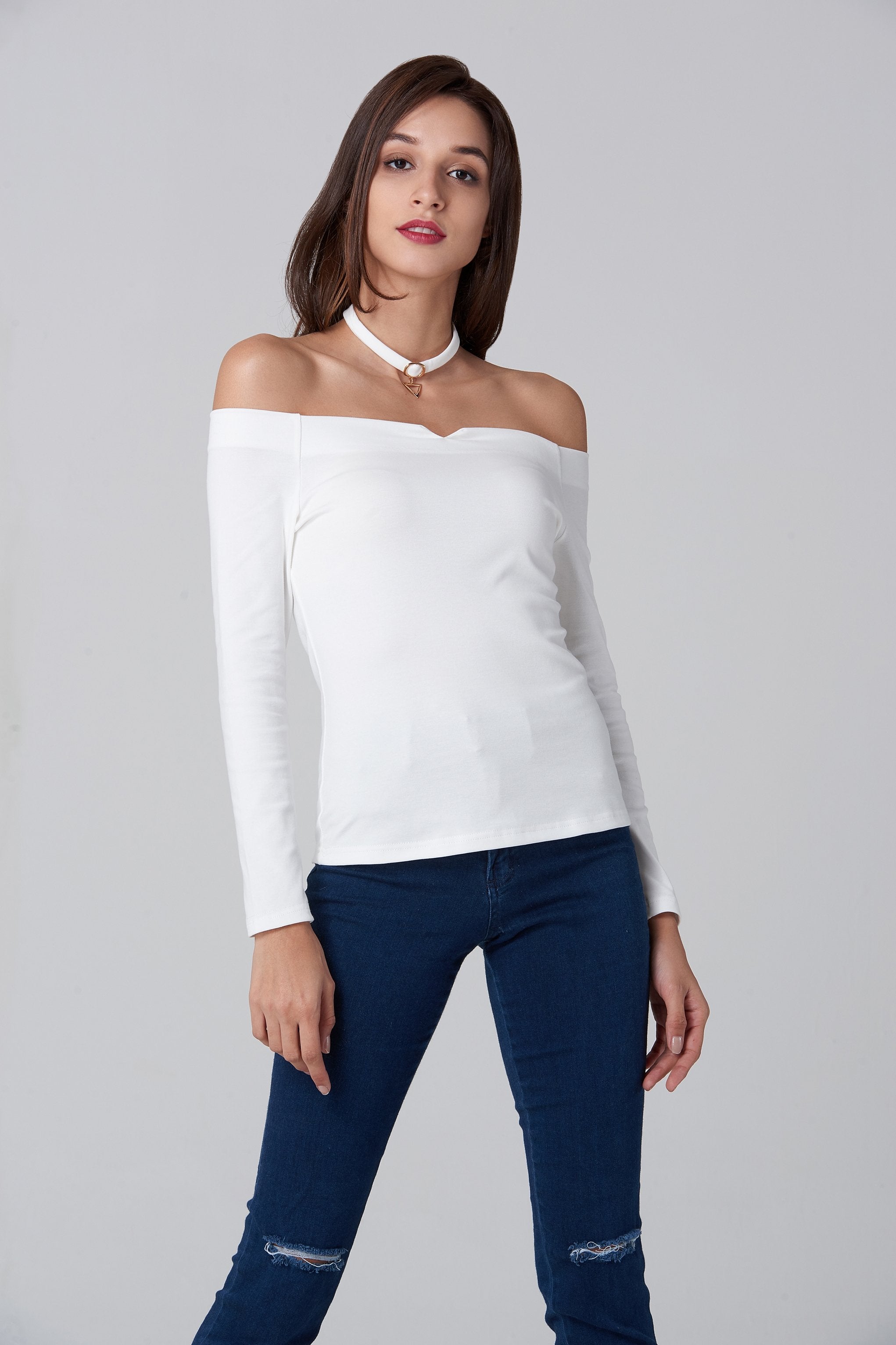 White Off the Shoulder Prism Choker Top White Off the Shoulder Prism Choker Top