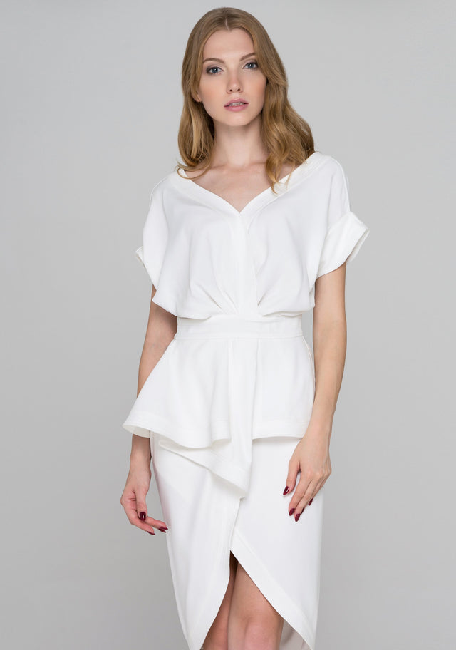 White Overlap Drape Midi Dress
