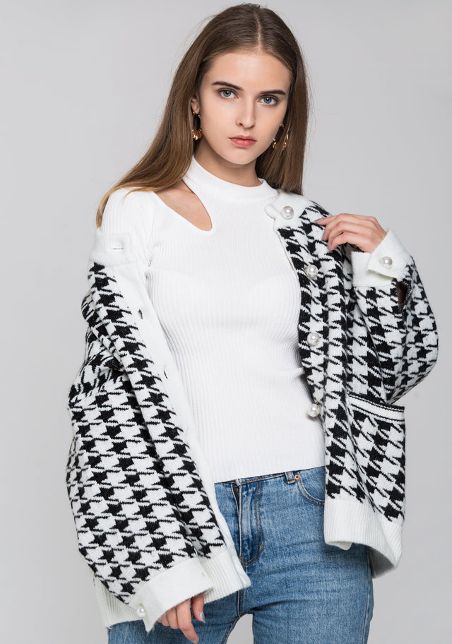 White Pearl Button Houndstooth Over Sized Cardigan
