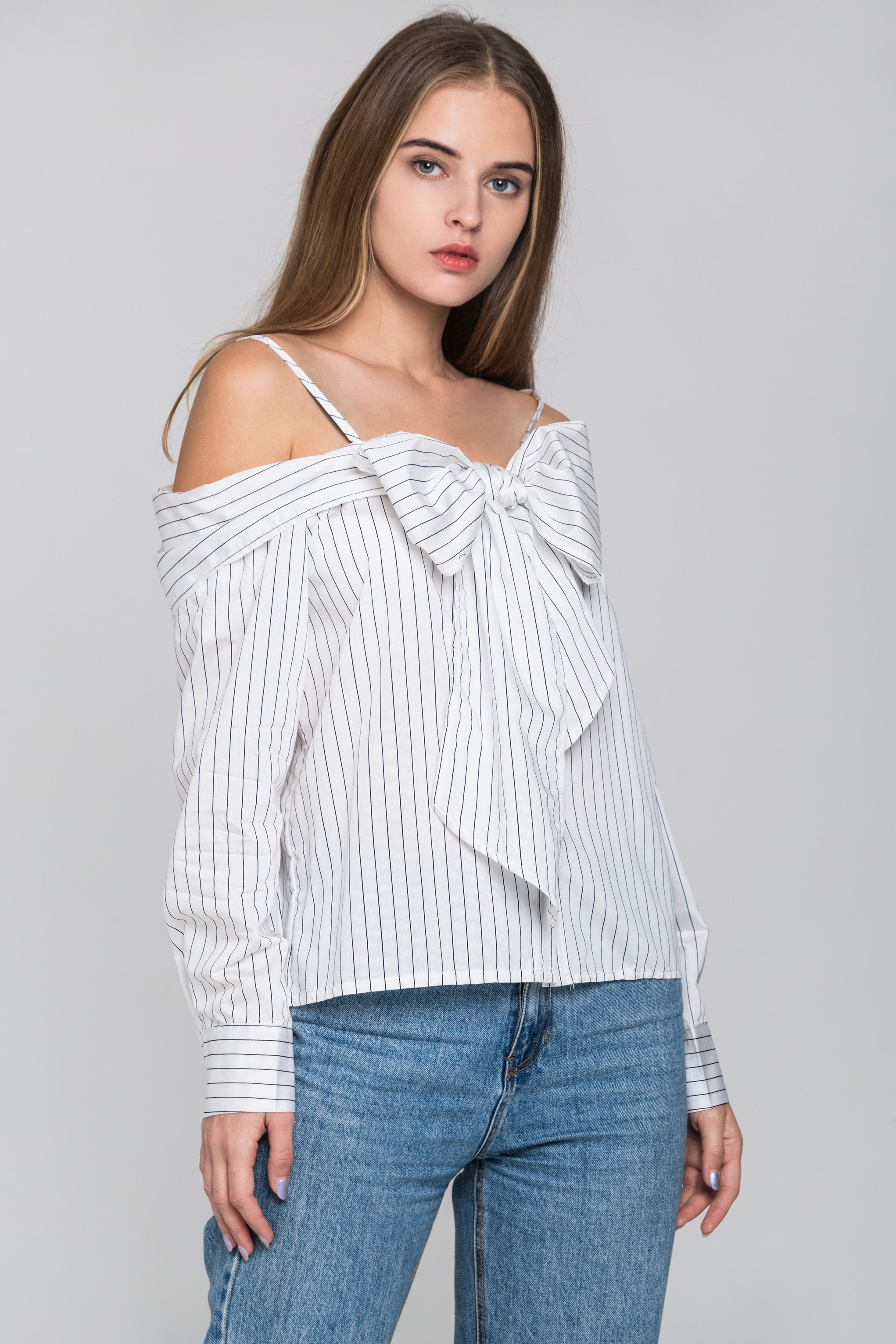 White Pin Stripes Cold Shoulder Tie Bandeau Top White Pin Stripes Cold Shoulder Tie Bandeau Top