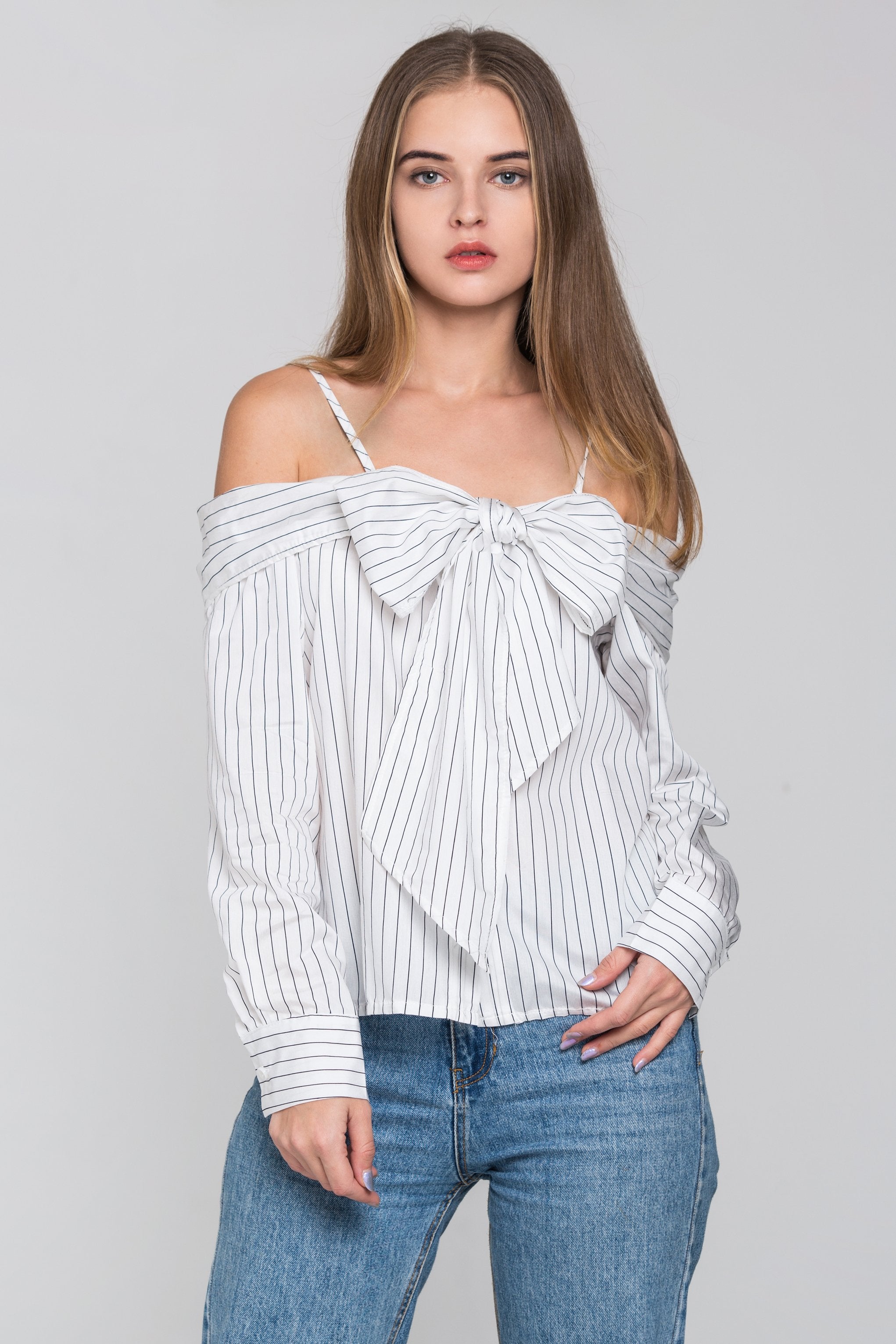 White Pin Stripes Cold Shoulder Tie Bandeau Top White Pin Stripes Cold Shoulder Tie Bandeau Top