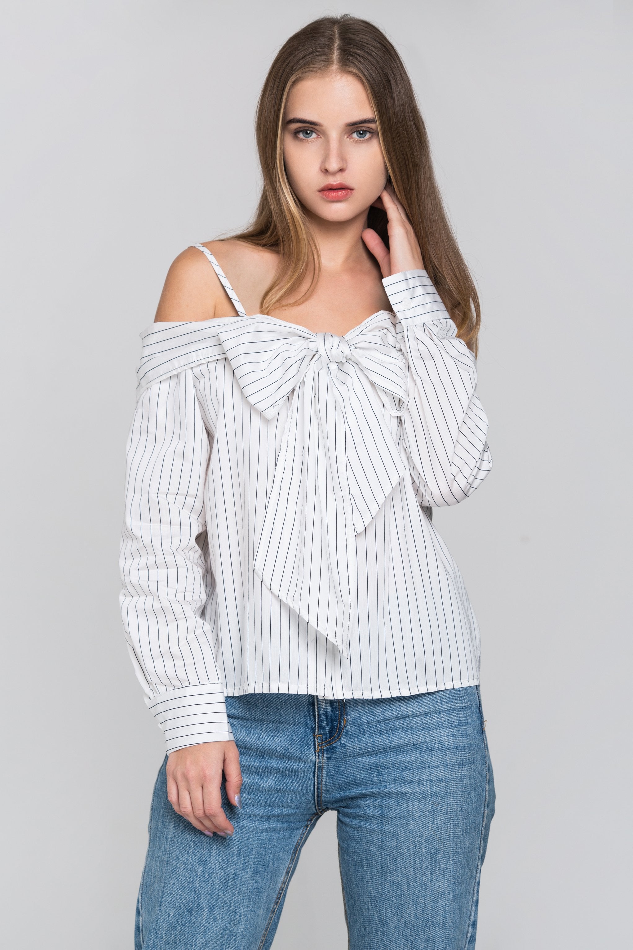 White Pin Stripes Cold Shoulder Tie Bandeau Top White Pin Stripes Cold Shoulder Tie Bandeau Top