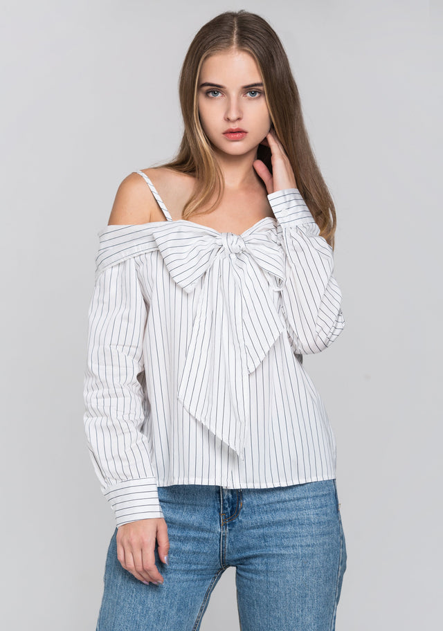 White Pin Stripes Cold Shoulder Tie Bandeau Top
