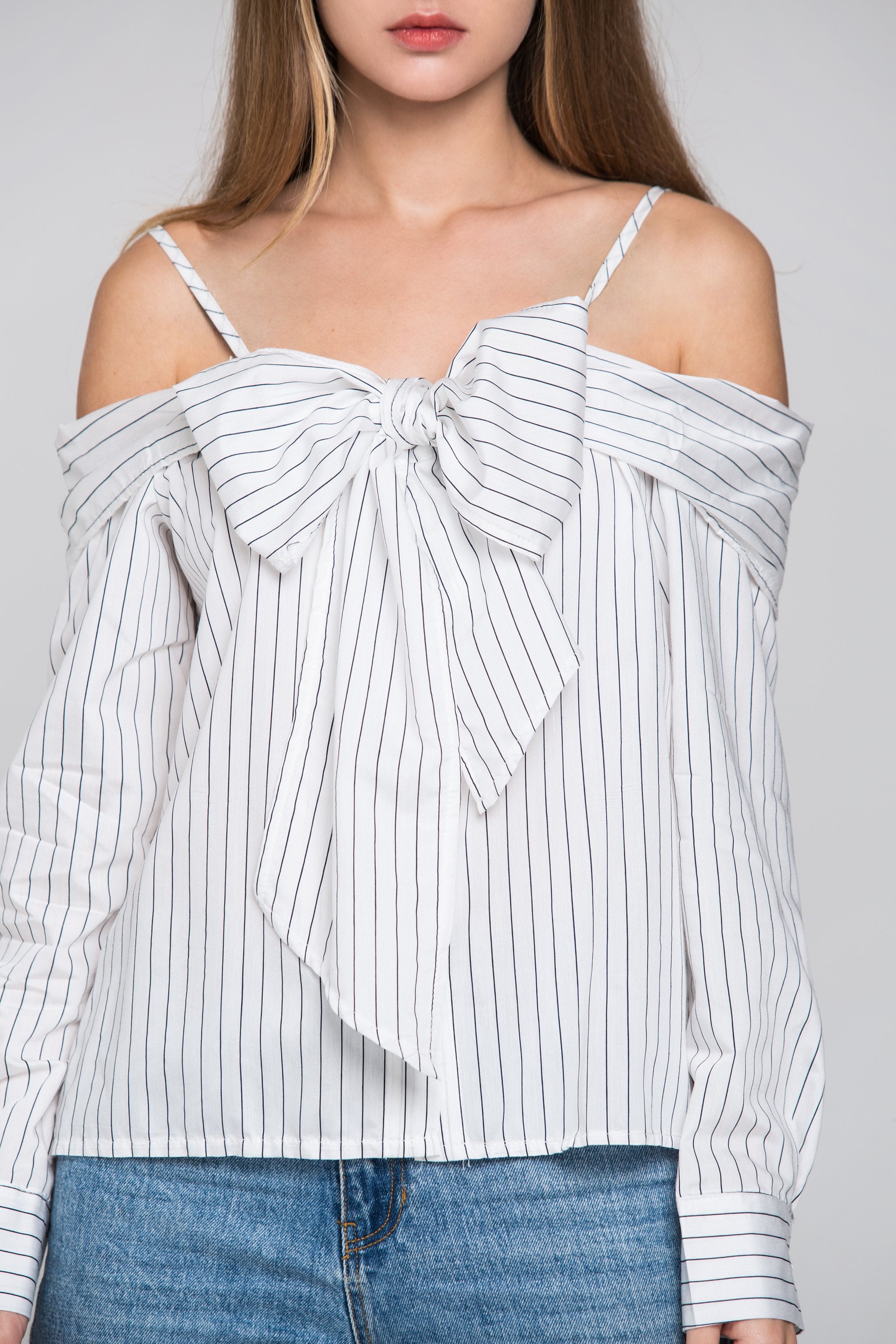 White Pin Stripes Cold Shoulder Tie Bandeau Top White Pin Stripes Cold Shoulder Tie Bandeau Top