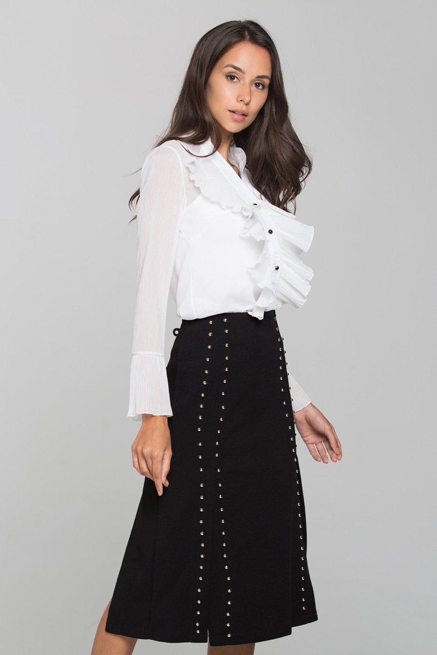 White Pleated Gabot Top and Black Skirt Set White Pleated Gabot Top and Black Skirt Set