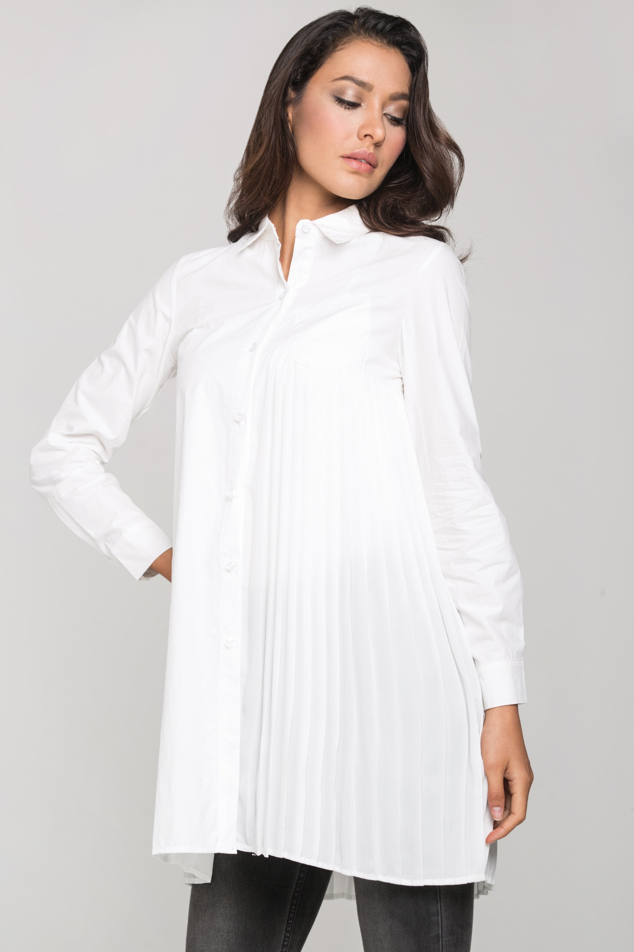 White Pleated Panel Shirt Dress White Pleated Panel Shirt Dress
