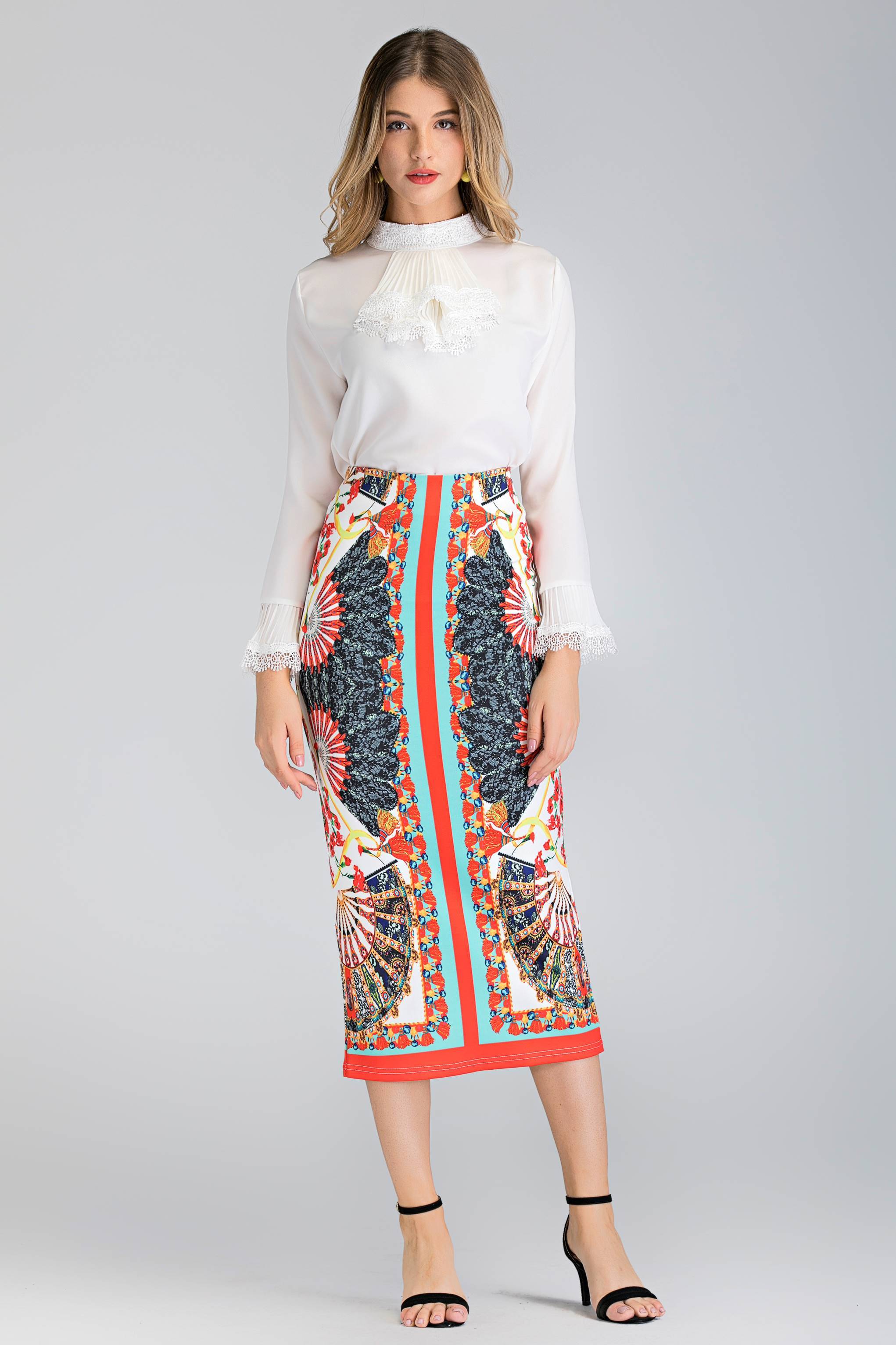 White Pleated Gabot Top and Printed Pencil Skirt Set White Pleated Gabot Top and Printed Pencil Skirt Set
