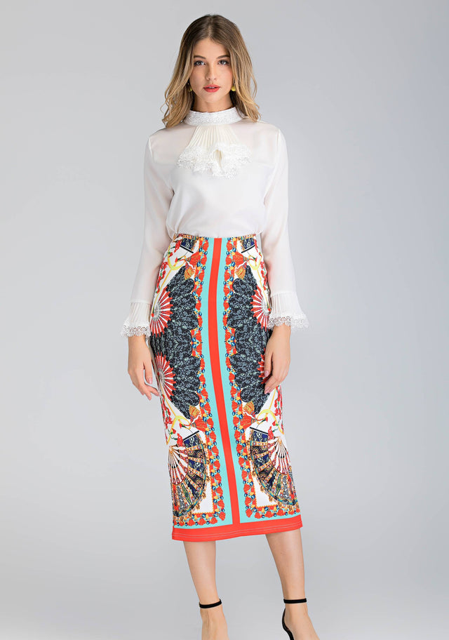 White Pleated Gabot Top and Printed Pencil Skirt Set