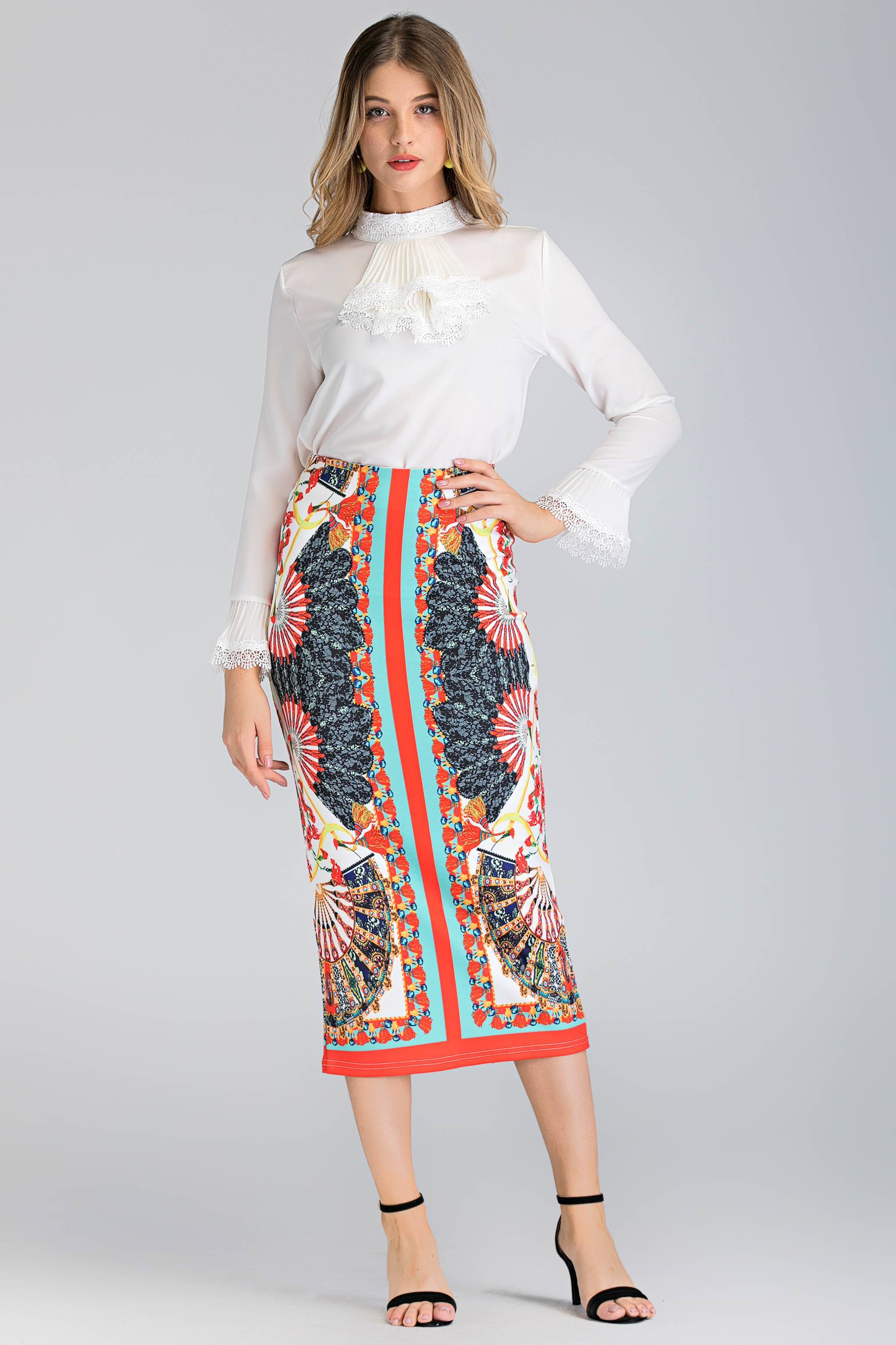 White Pleated Gabot Top and Printed Pencil Skirt Set White Pleated Gabot Top and Printed Pencil Skirt Set