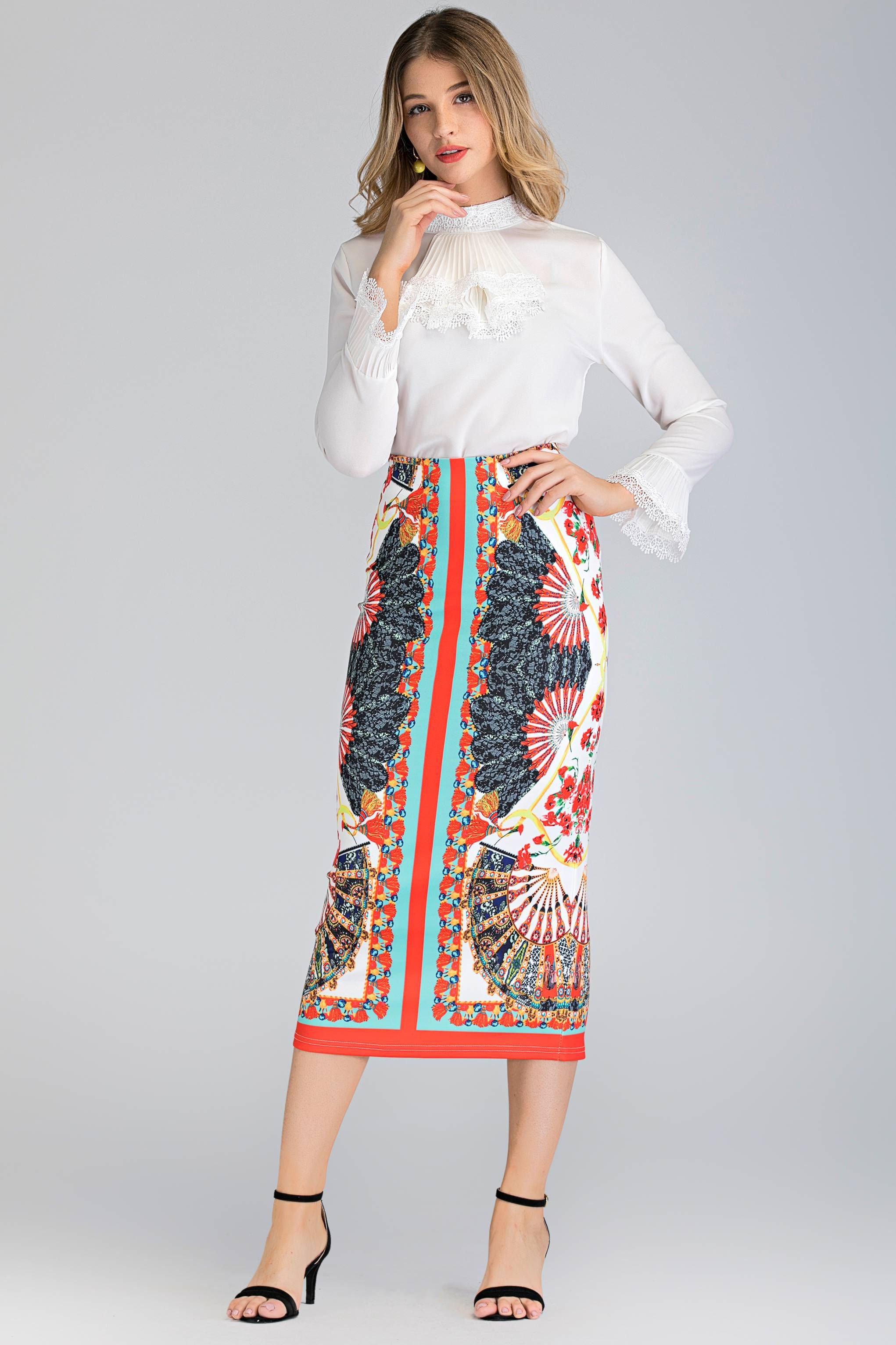 White Pleated Gabot Top and Printed Pencil Skirt Set White Pleated Gabot Top and Printed Pencil Skirt Set