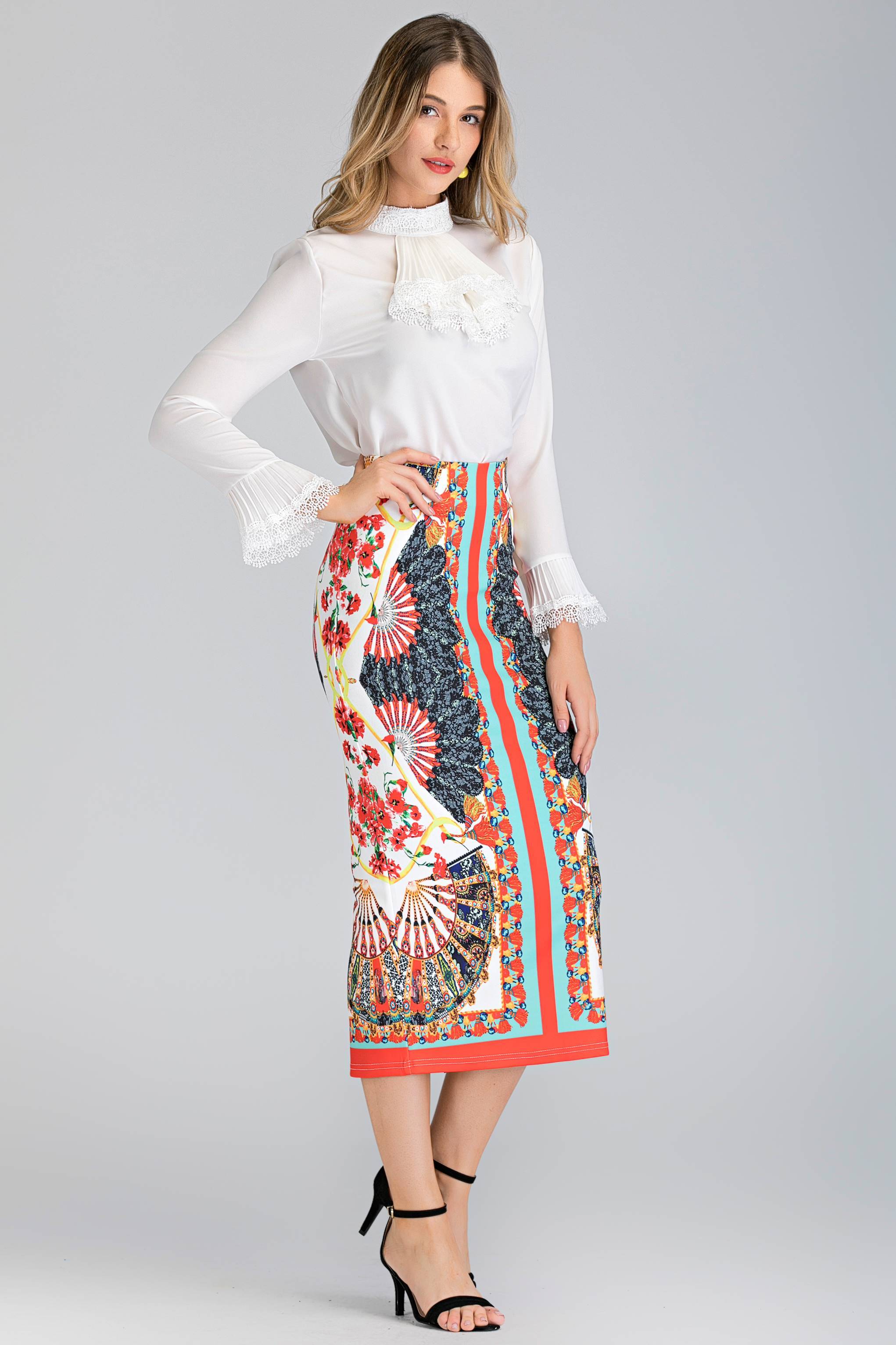White Pleated Gabot Top and Printed Pencil Skirt Set White Pleated Gabot Top and Printed Pencil Skirt Set