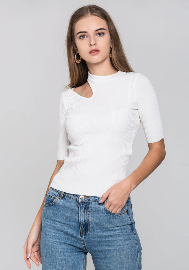 White Ribbed One Shoulder Cut-out Top