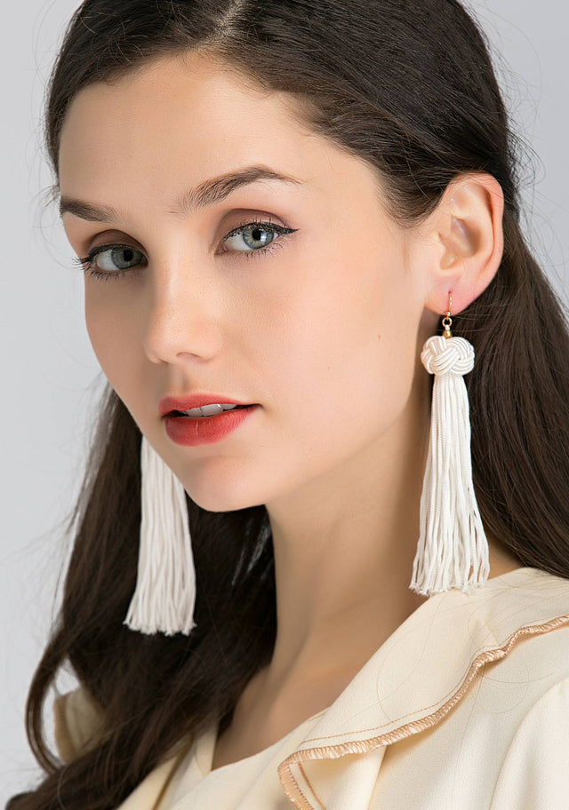 White Round Knot Tassel Earrings