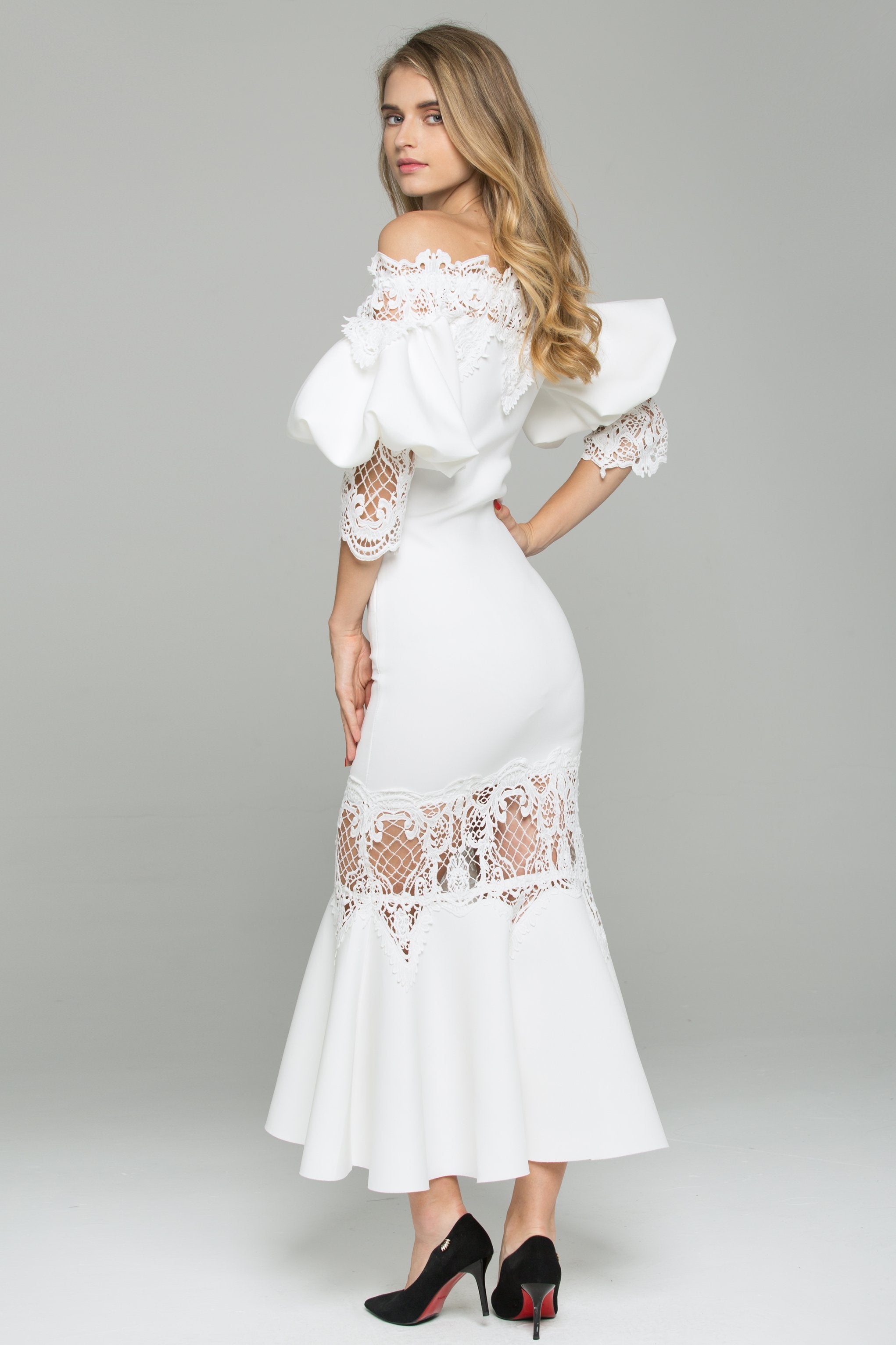 White Satin Off-The-Shoulder Puff Sleeved Lace Detail Midi Dress White Satin Off-The-Shoulder Puff Sleeved Lace Detail Midi Dress