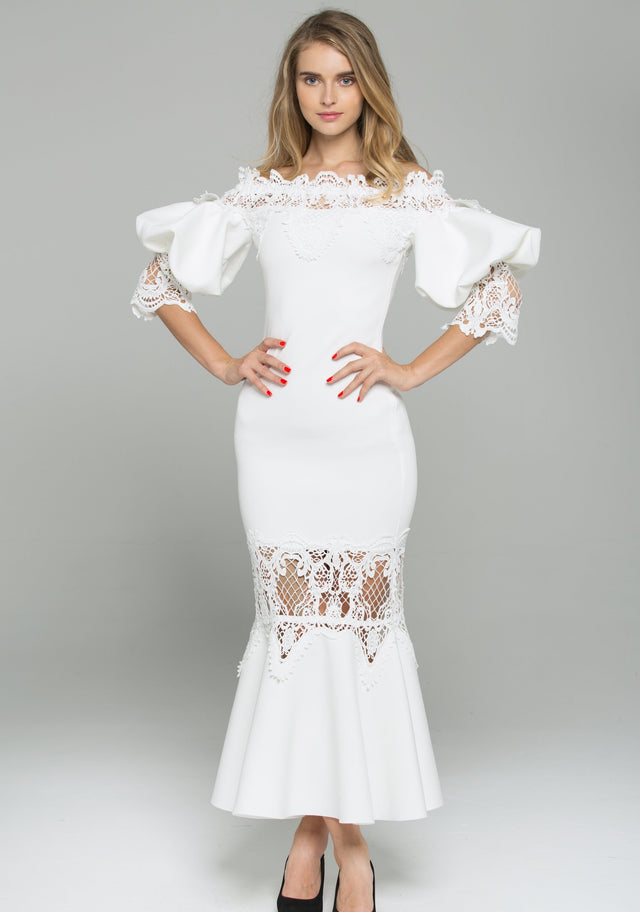 White Satin Off-The-Shoulder Puff Sleeved Lace Detail Midi Dress