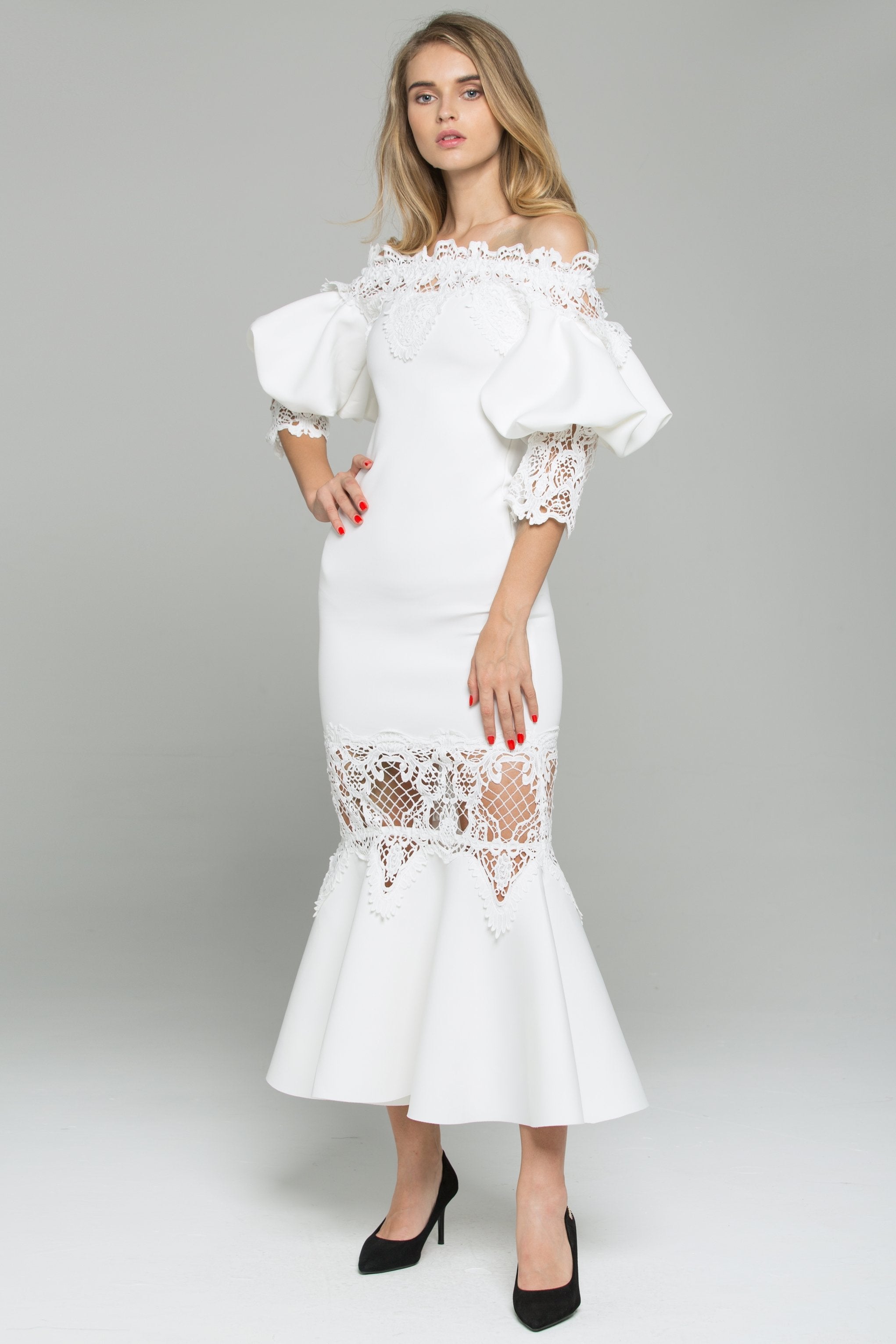White Satin Off-The-Shoulder Puff Sleeved Lace Detail Midi Dress White Satin Off-The-Shoulder Puff Sleeved Lace Detail Midi Dress