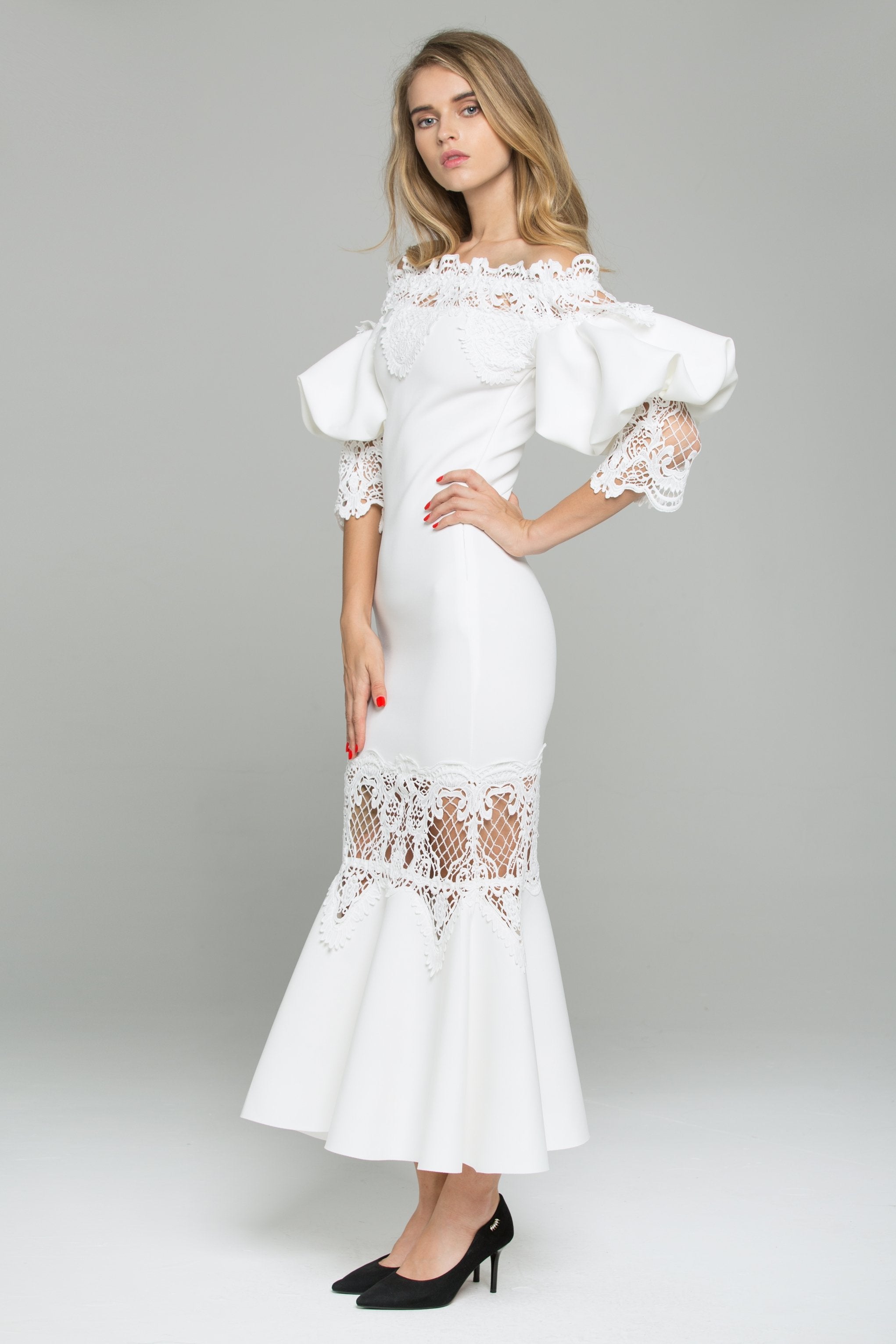White Satin Off-The-Shoulder Puff Sleeved Lace Detail Midi Dress White Satin Off-The-Shoulder Puff Sleeved Lace Detail Midi Dress