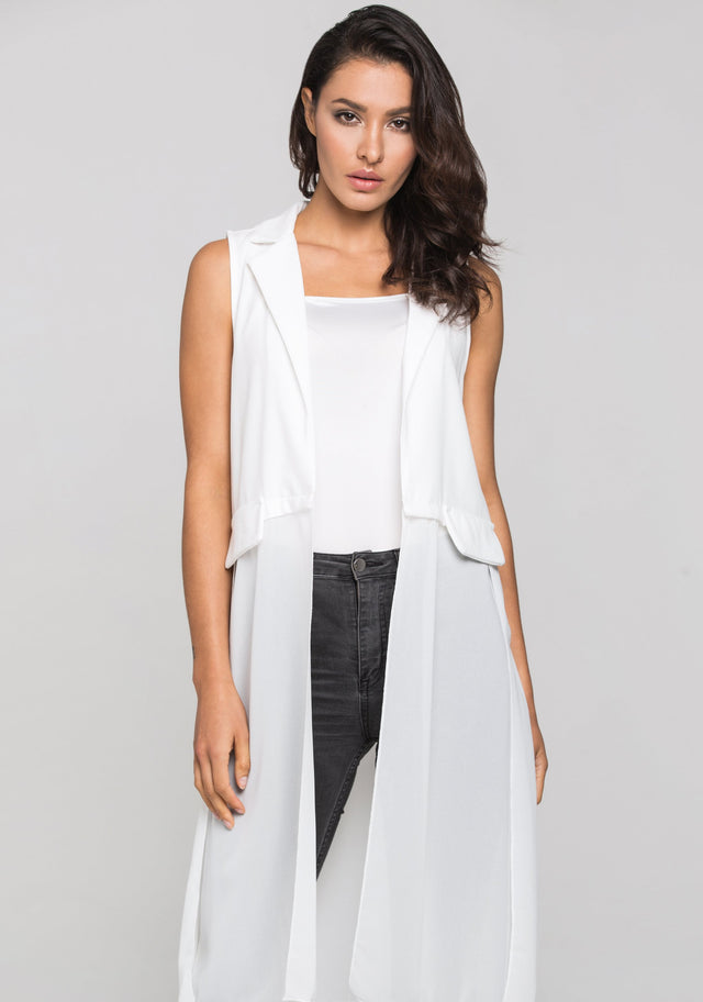 White Sheer Hem Long Vest