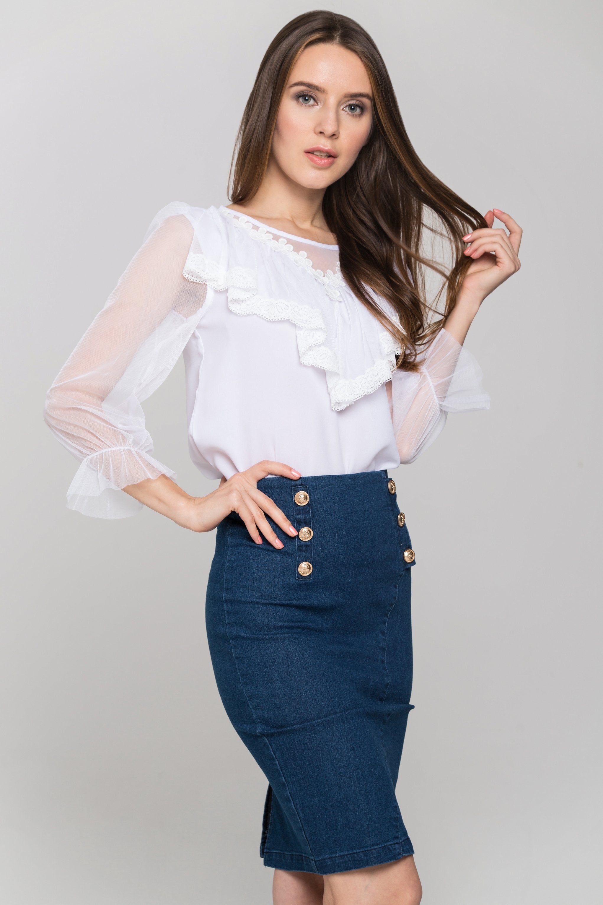 White Sheer Sleeves Gabot Top and Denim Skirt White Sheer Sleeves Gabot Top and Denim Skirt