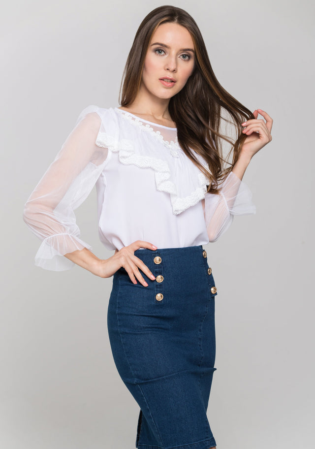 White Sheer Sleeves Gabot Top and Denim Skirt