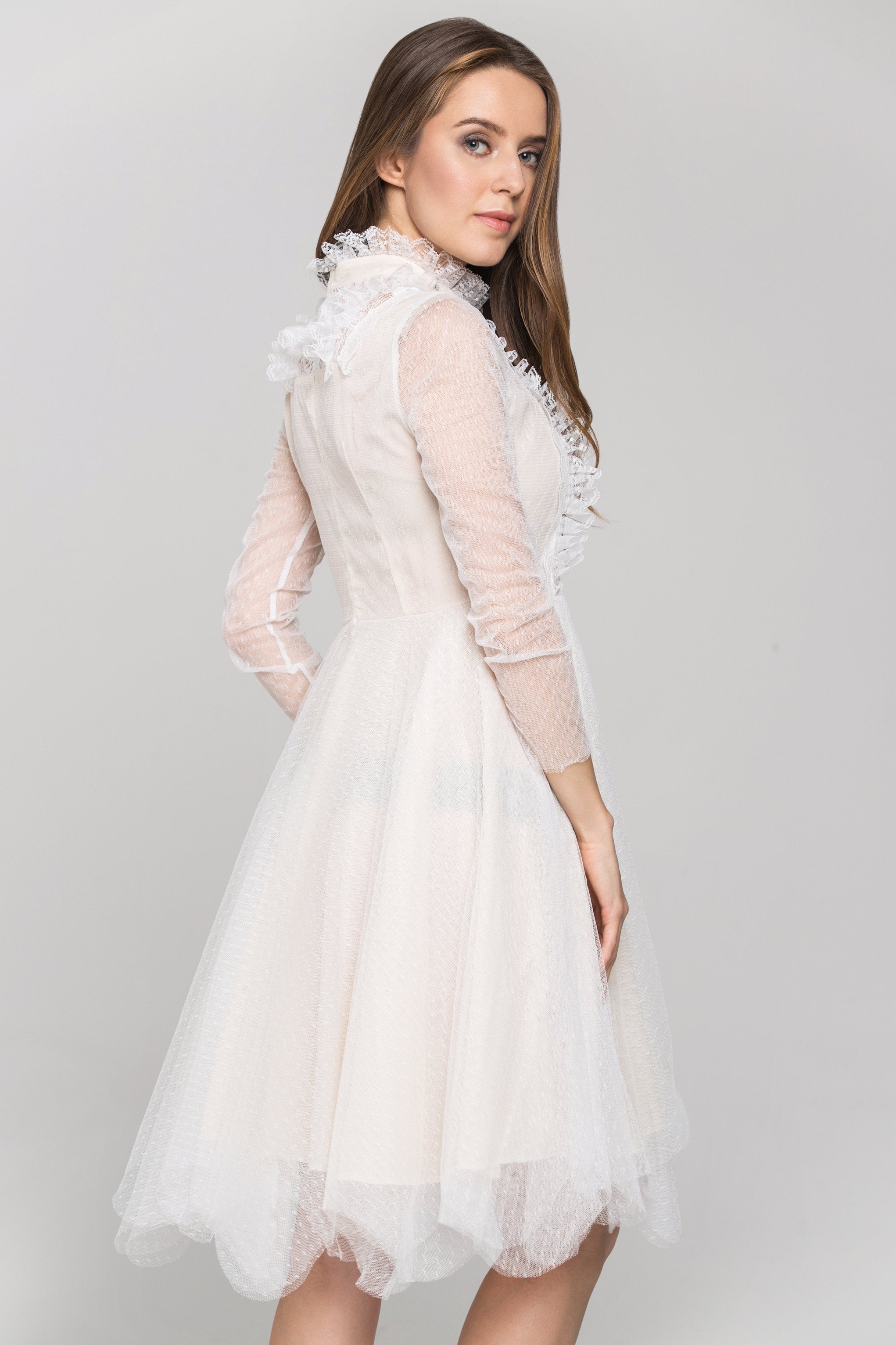 White Sheer Sleeves Lace Bib Midi Dress White Sheer Sleeves Lace Bib Midi Dress