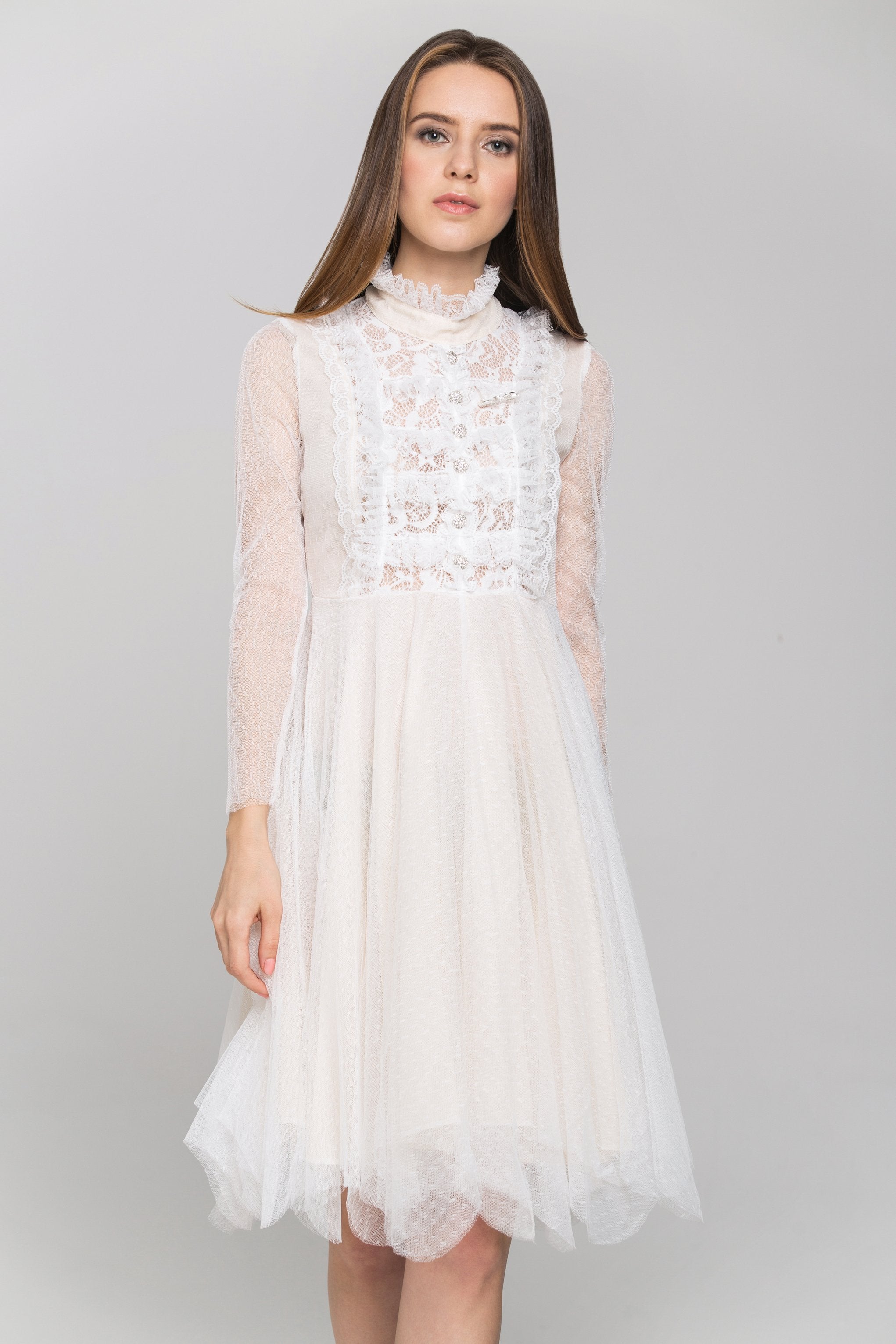 White Sheer Sleeves Lace Bib Midi Dress White Sheer Sleeves Lace Bib Midi Dress