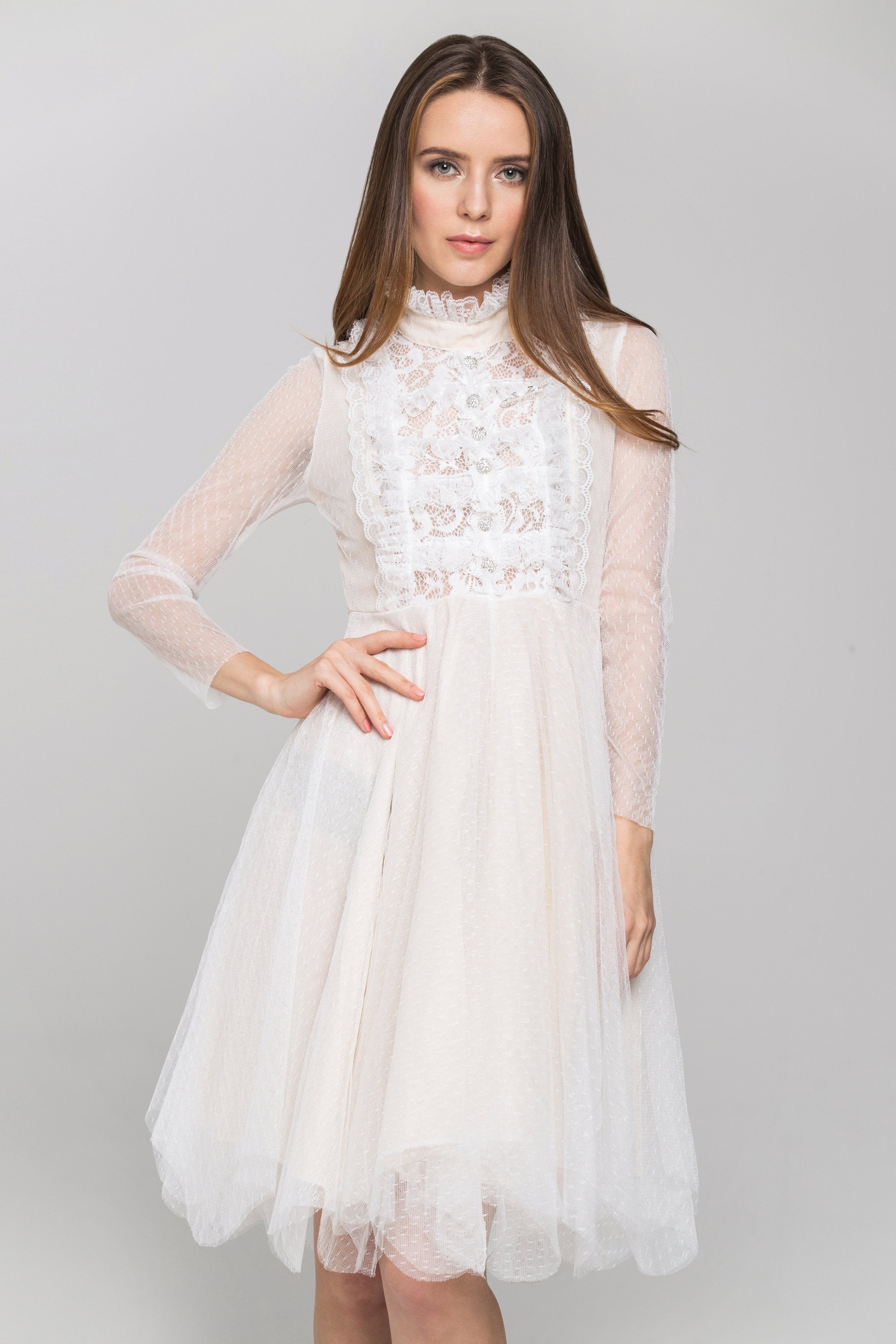 White Sheer Sleeves Lace Bib Midi Dress White Sheer Sleeves Lace Bib Midi Dress