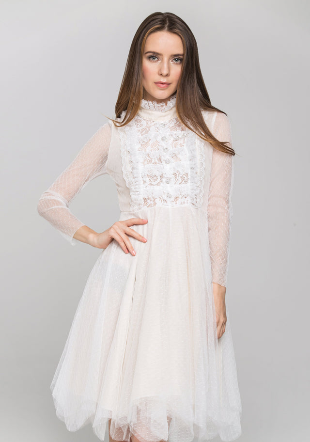 White Sheer Sleeves Lace Bib Midi Dress